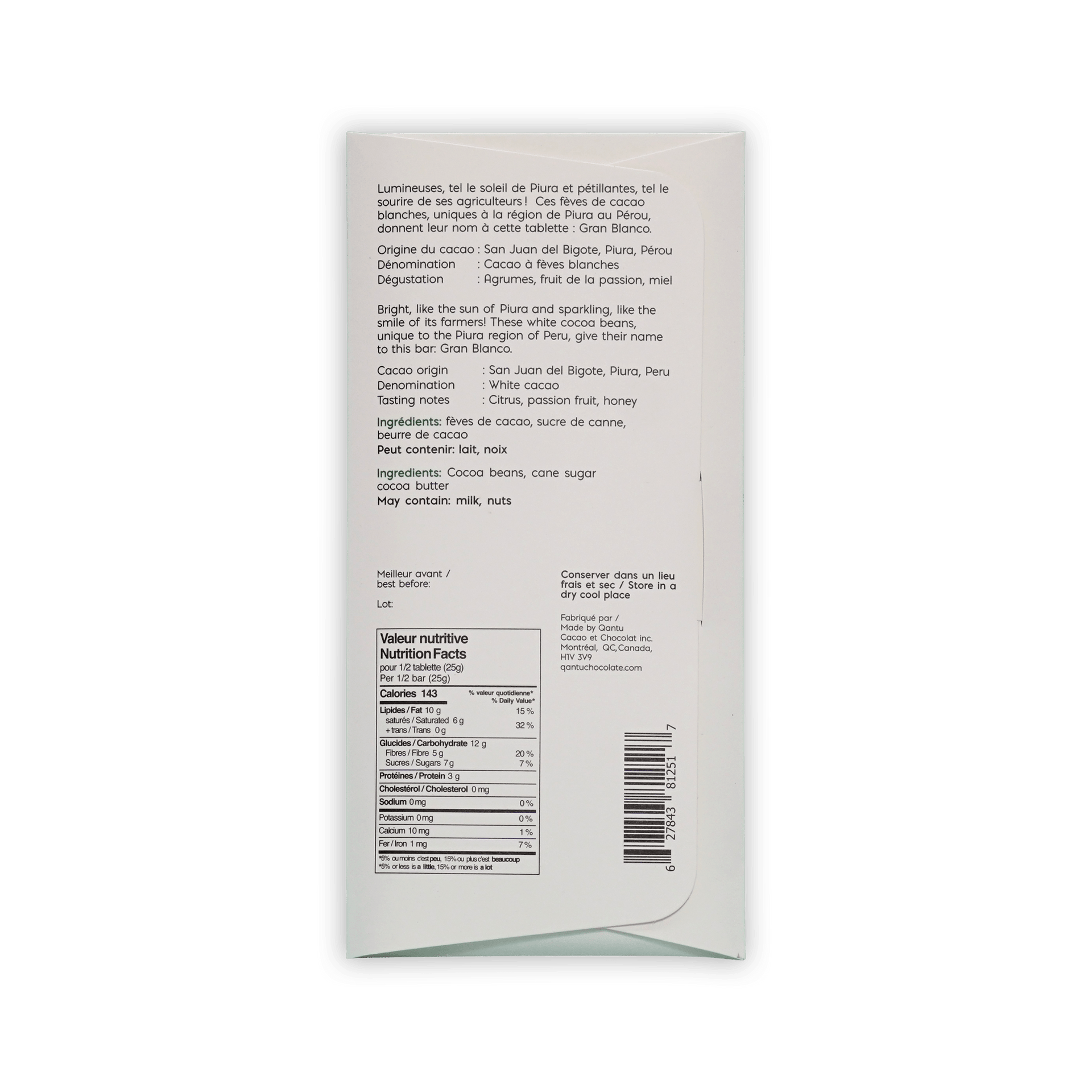 Back of Qantu Gran Blanco box with bilingual description, ingredients and nutrition facts