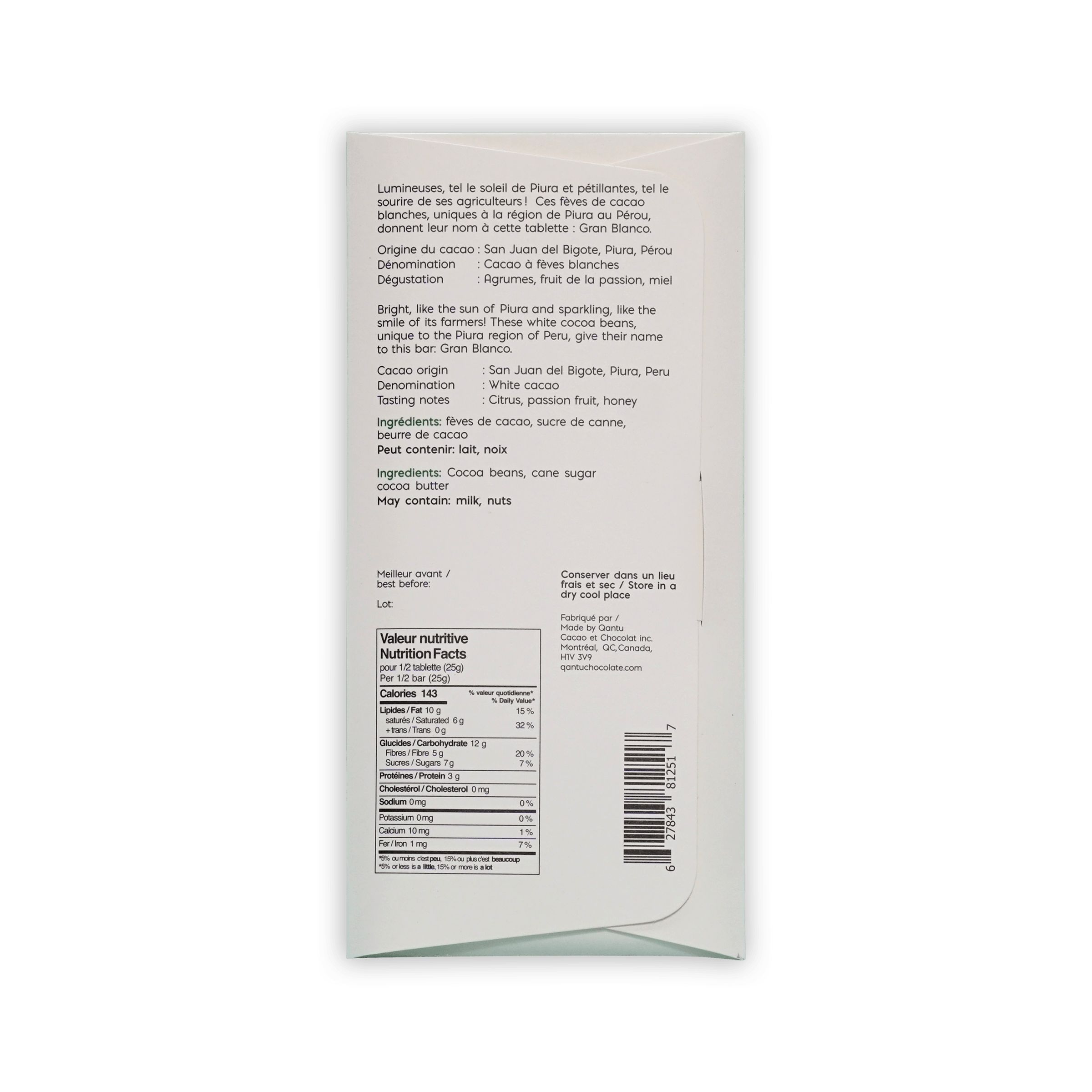 Back of Qantu Gran Blanco box with bilingual description, ingredients and nutrition facts