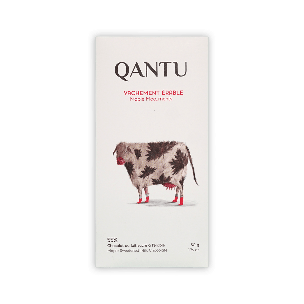 Qantu Vachement Erable Maple Moo...ments 55% bar, cream box with a spotted cow in red socks, 50g