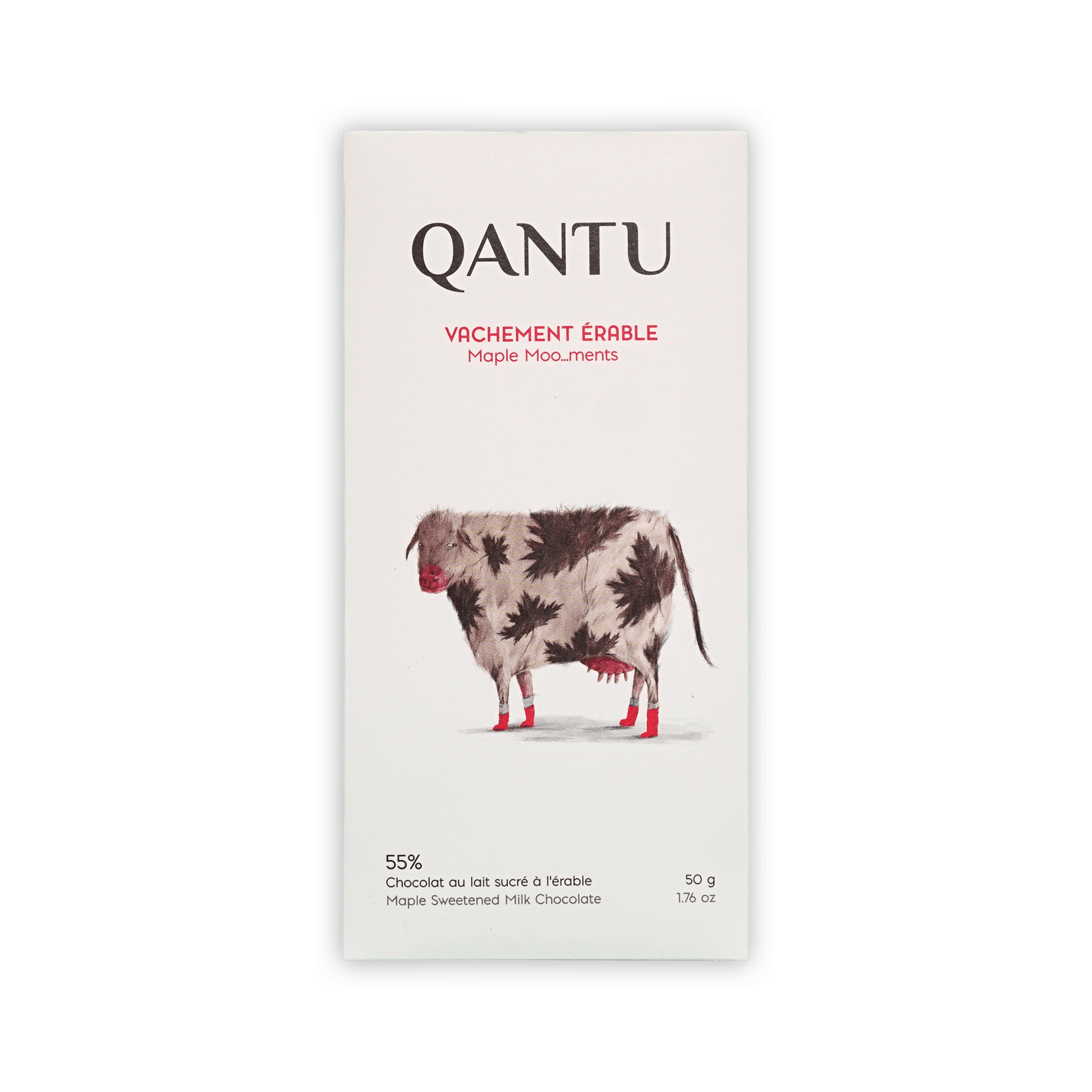 Qantu Vachement Erable Maple Moo...ments 55% bar, cream box with a spotted cow in red socks, 50g