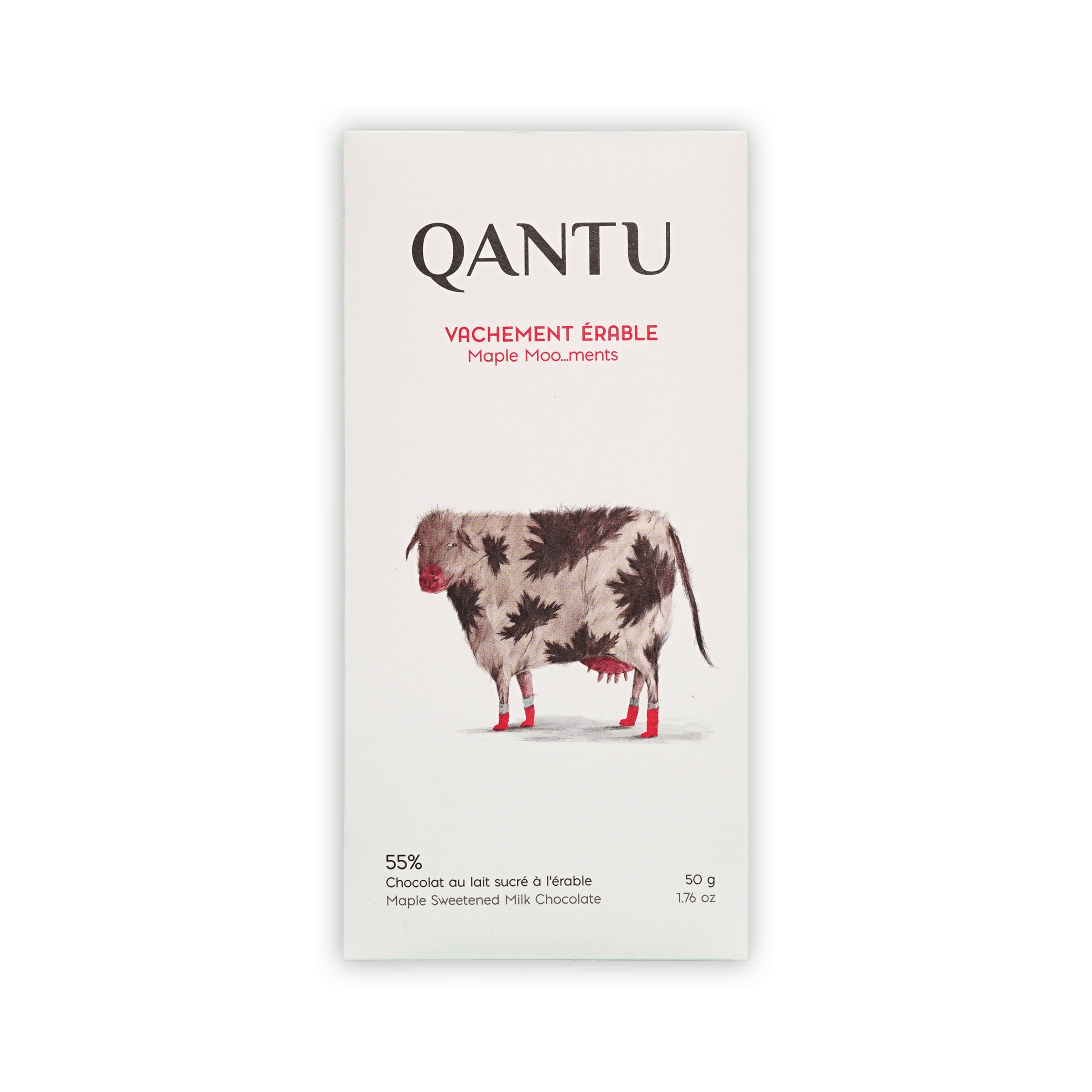 Qantu Vachement Erable Maple Moo...ments 55% bar, cream box with a spotted cow in red socks, 50g
