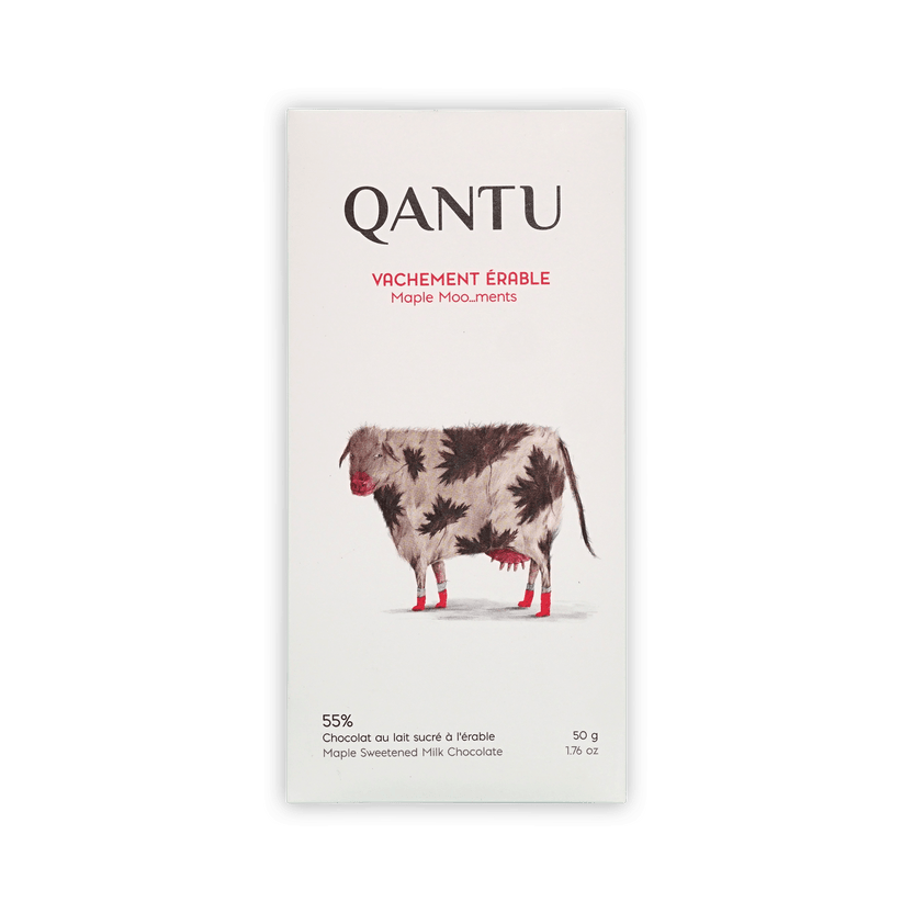 Qantu Vachement Erable Maple Moo...ments 55% bar, cream box with a spotted cow in red socks, 50g