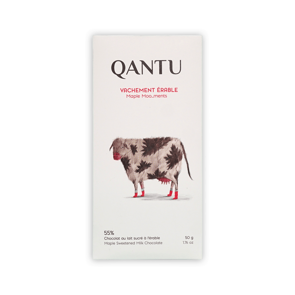 Qantu Vachement Erable Maple Moo...ments 55% bar, cream box with a spotted cow in red socks, 50g