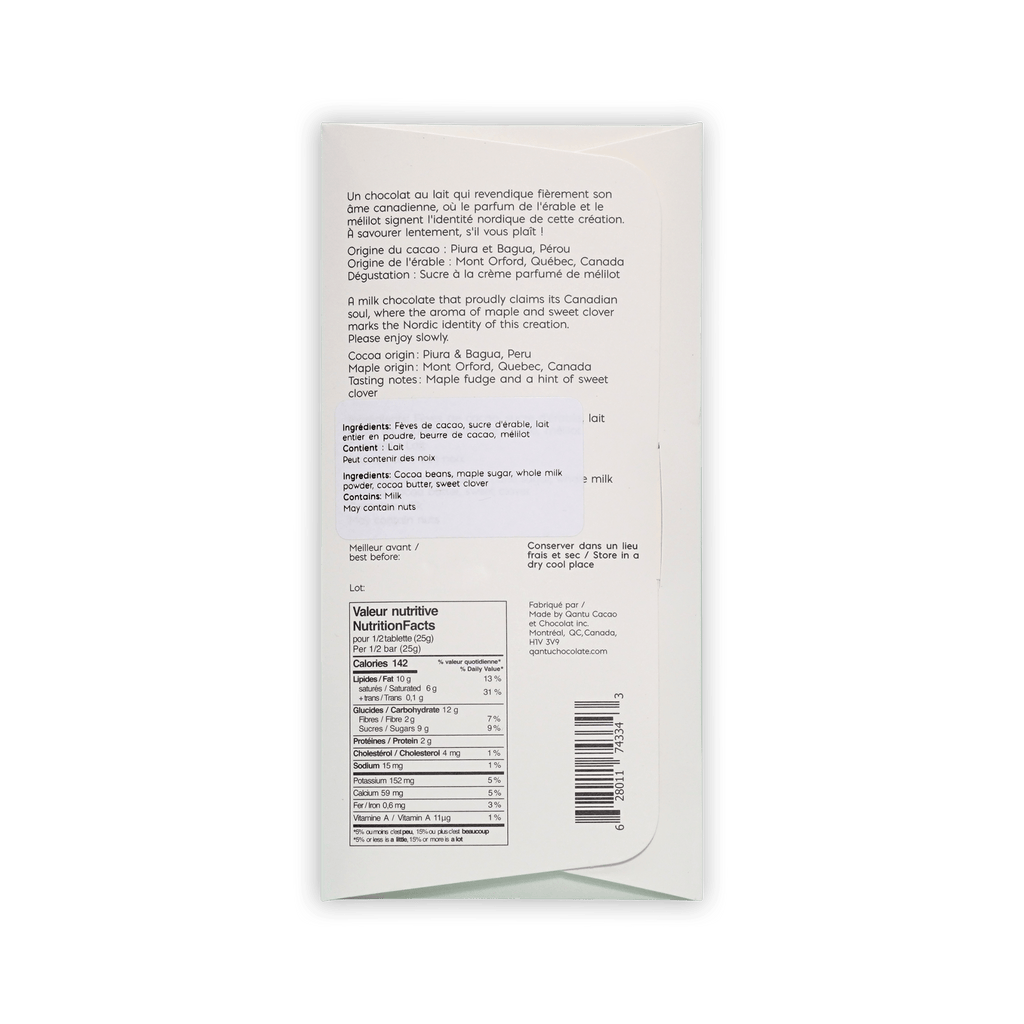 Back of Qantu Vachement Erable box, French and English text, ingredients and nutrition facts