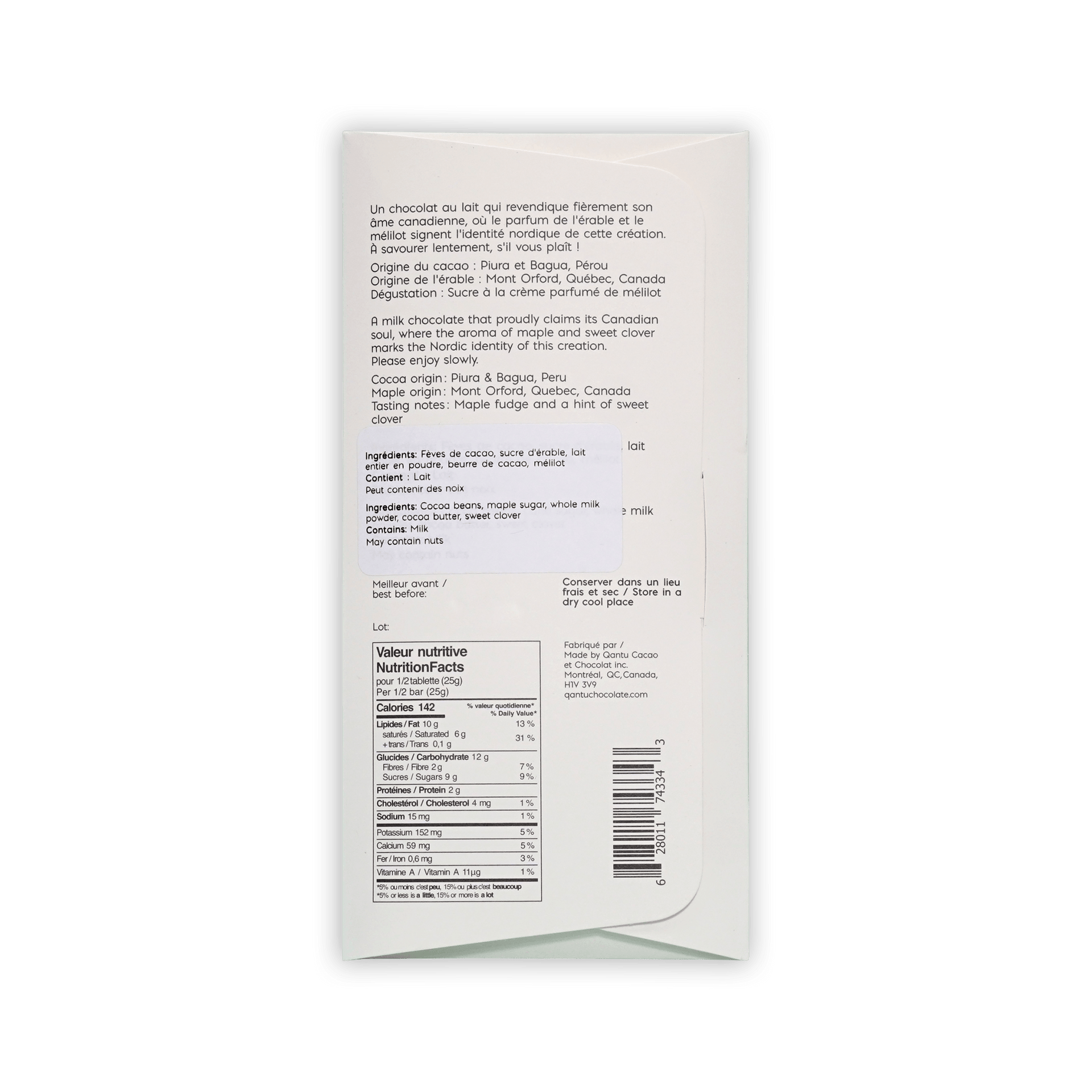 Back of Qantu Vachement Erable box, French and English text, ingredients and nutrition facts