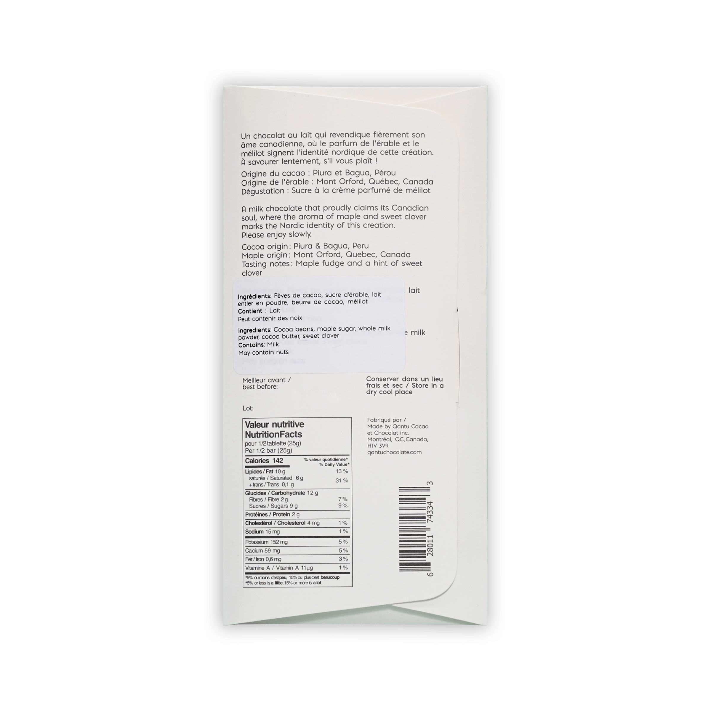 Back of Qantu Vachement Erable box, French and English text, ingredients and nutrition facts