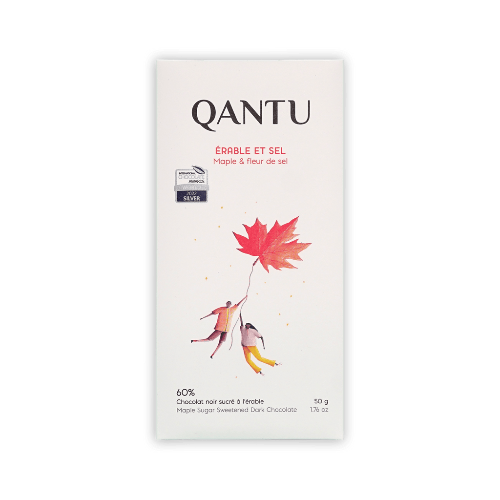 Qantu Erable et Sel Maple and fleur de sel 60% bar, cream box with a red maple leaf illustration, 50g