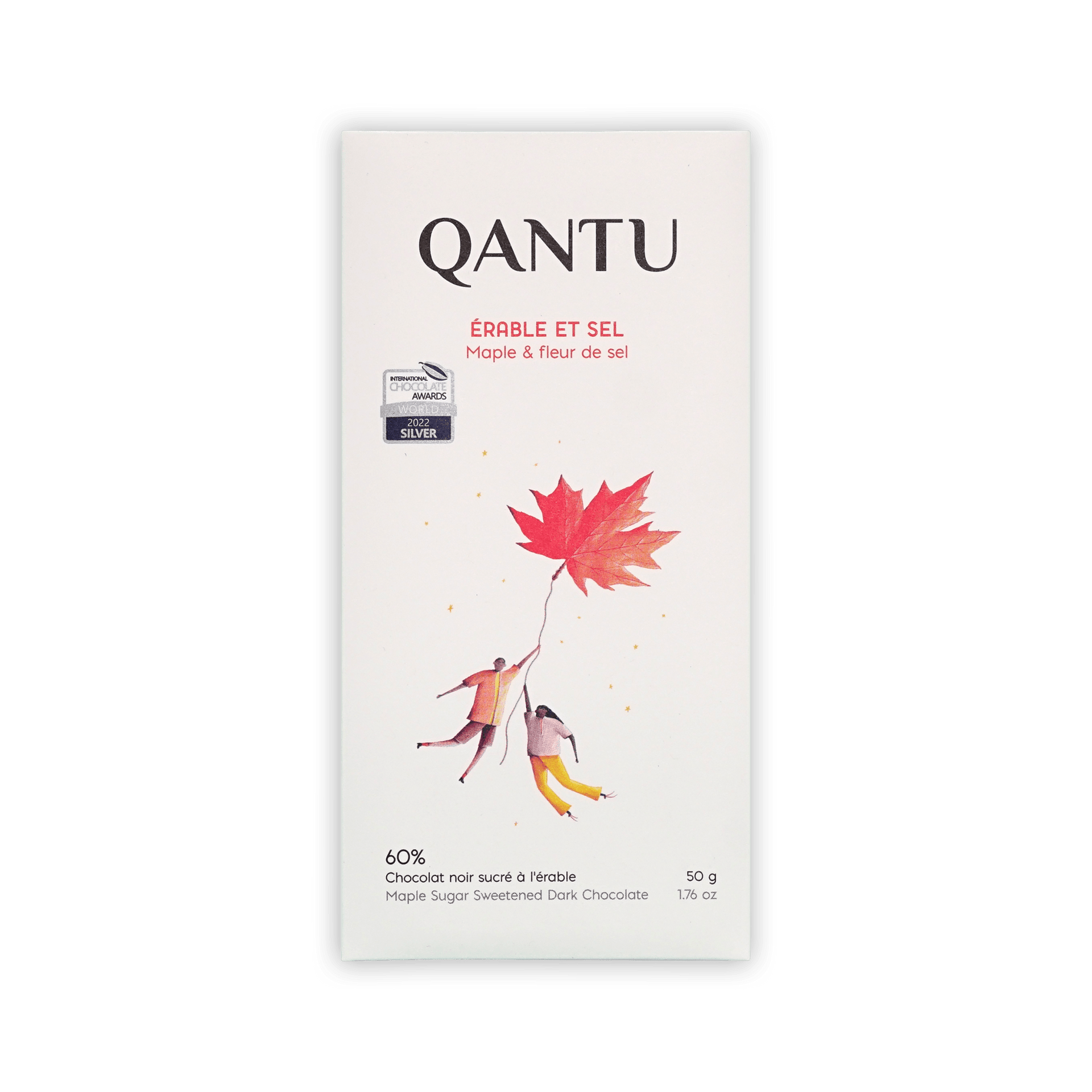 Qantu Erable et Sel Maple and fleur de sel 60% bar, cream box with a red maple leaf illustration, 50g