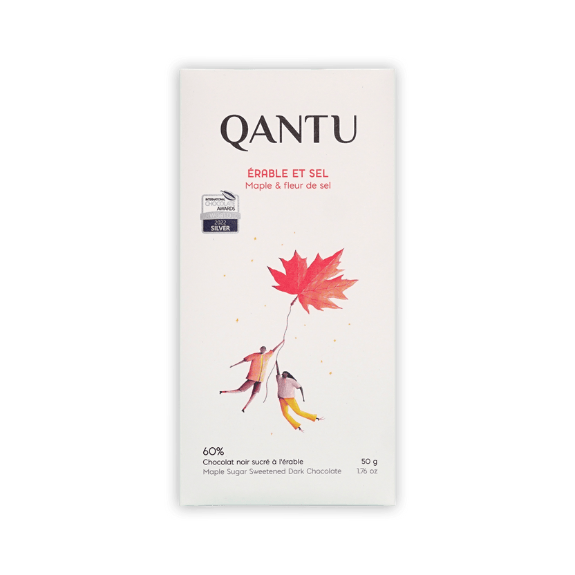 Qantu Erable et Sel Maple and fleur de sel 60% bar, cream box with a red maple leaf illustration, 50g