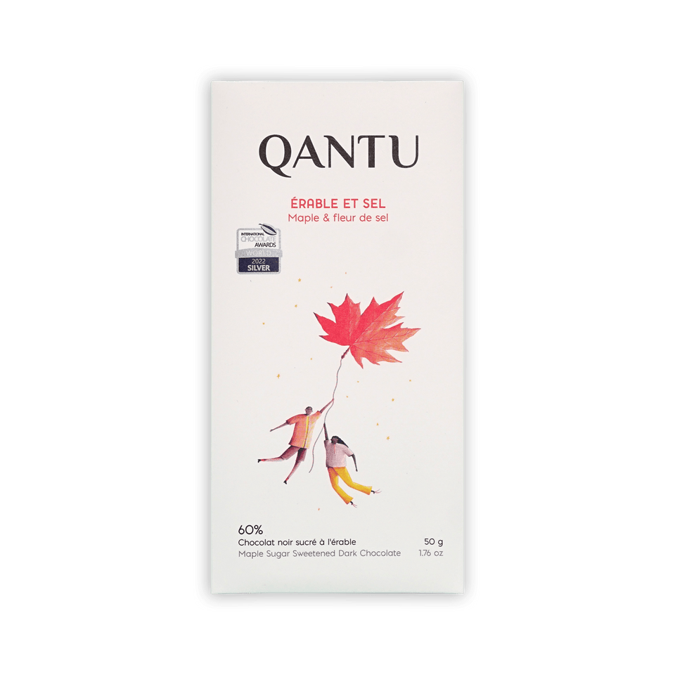 Qantu Erable et Sel Maple and fleur de sel 60% bar, cream box with a red maple leaf illustration, 50g