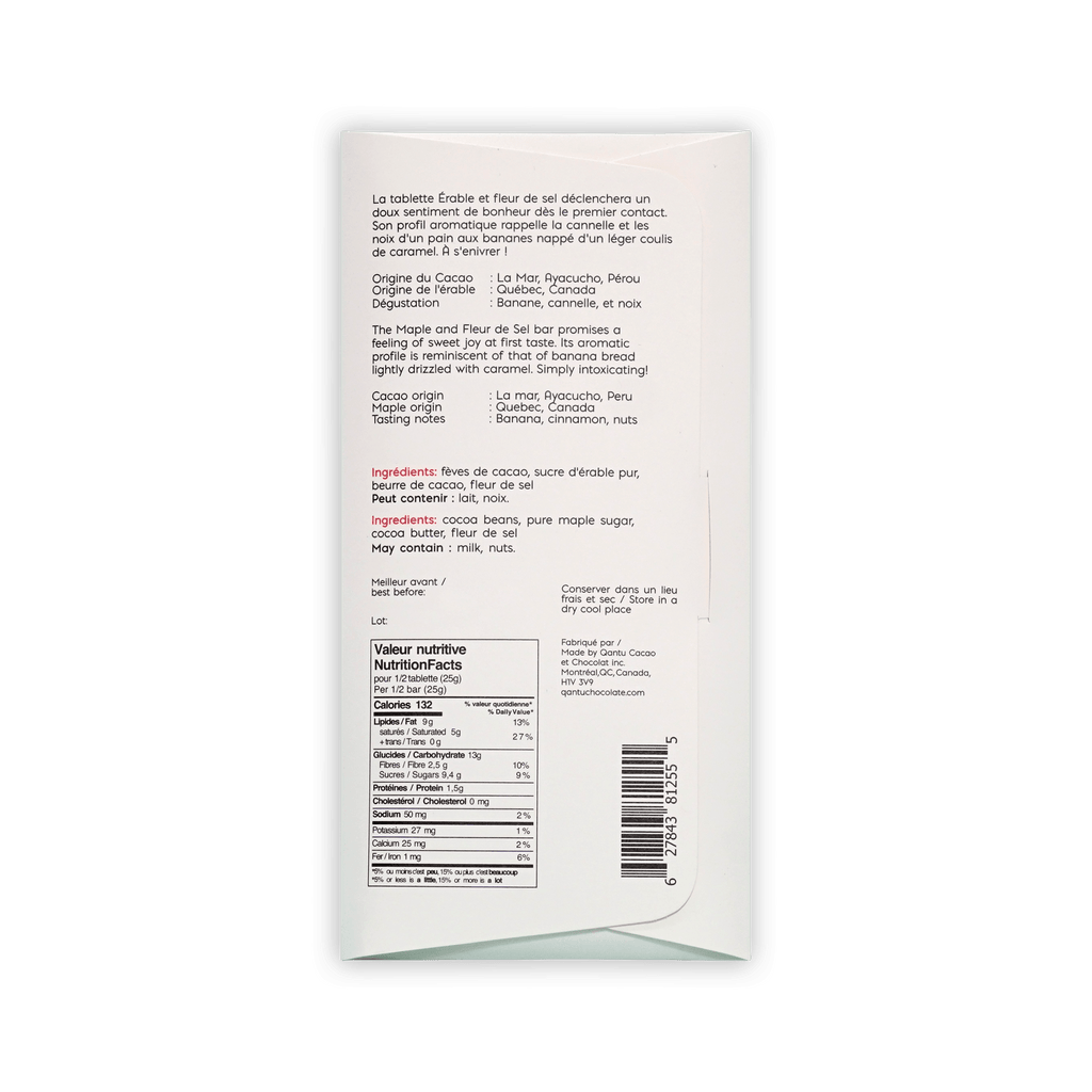 Back of Qantu Maple and Fleur de Sel box, French and English text, ingredients and nutrition facts