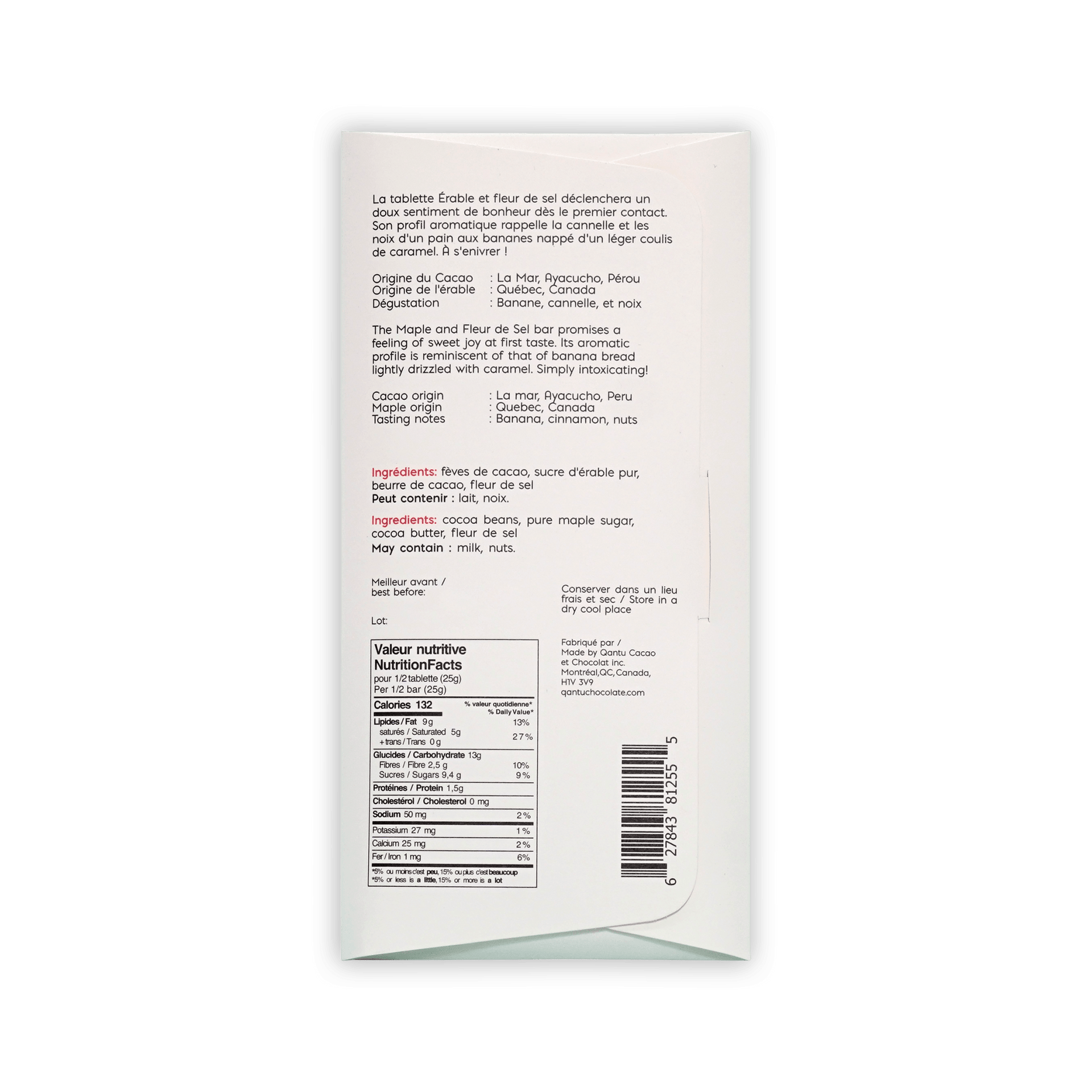 Back of Qantu Maple and Fleur de Sel box, French and English text, ingredients and nutrition facts