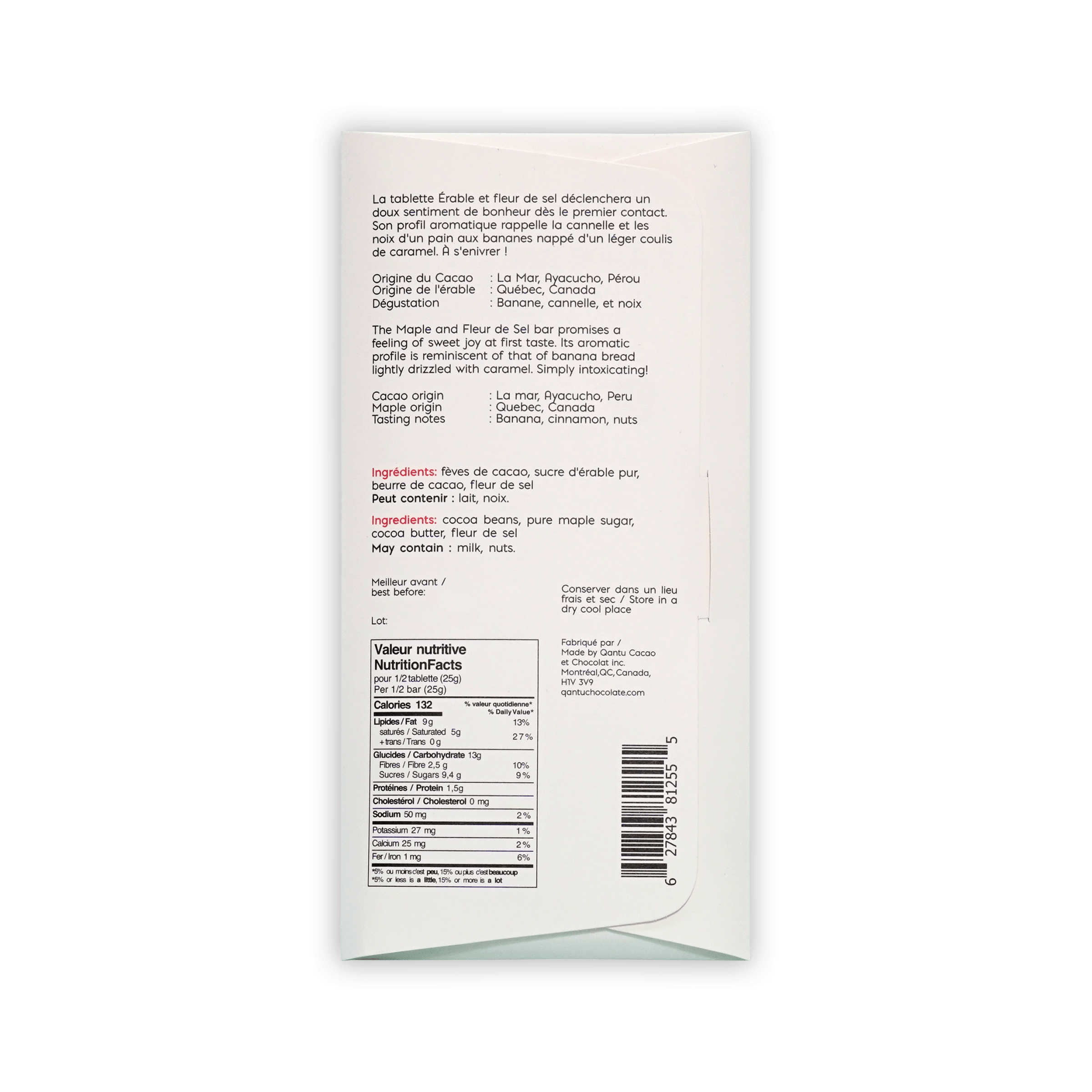 Back of Qantu Maple and Fleur de Sel box, French and English text, ingredients and nutrition facts