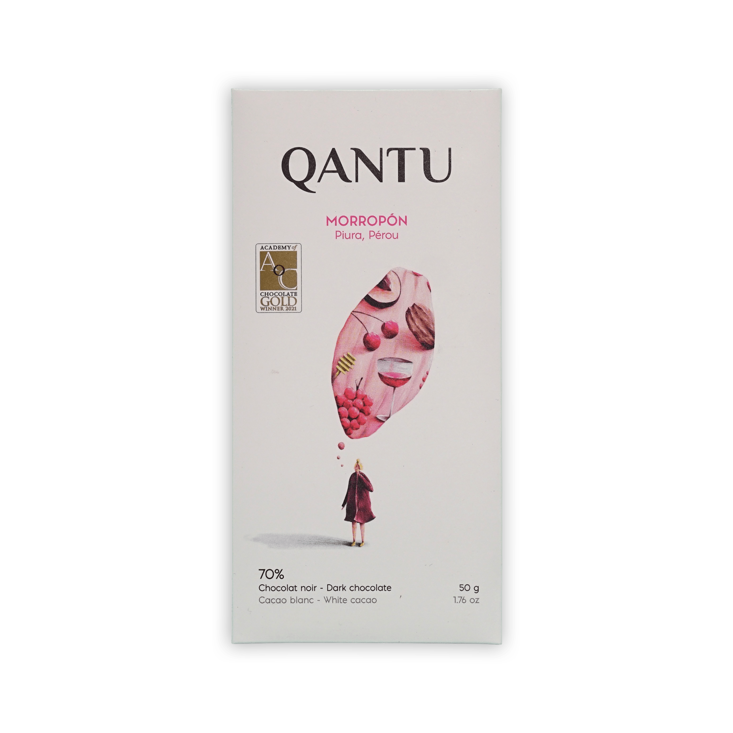 Qantu Morropon bar, cream box with cacao-pod illustration of cherries and wine glass, marked 70% dark chocolate.