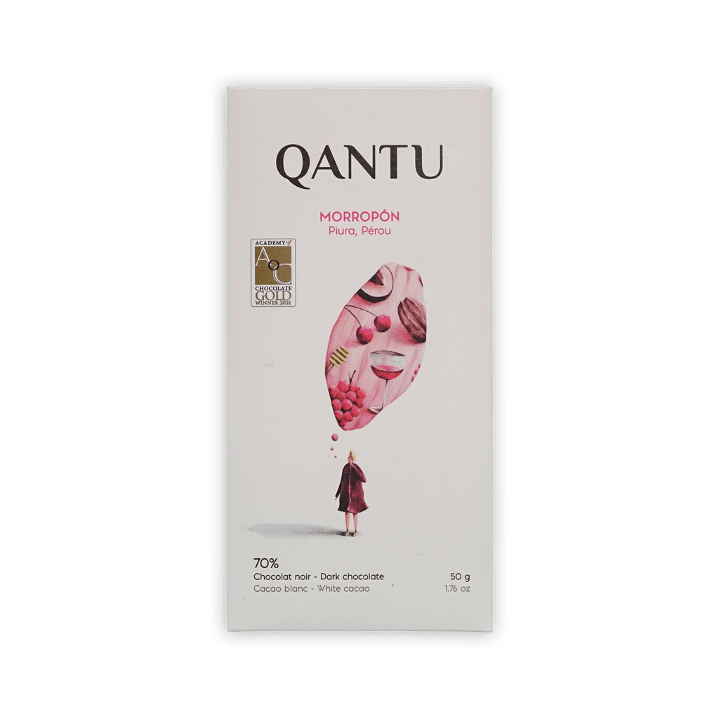 Qantu Morropon bar, cream box with cacao-pod illustration of cherries and wine glass, marked 70% dark chocolate.
