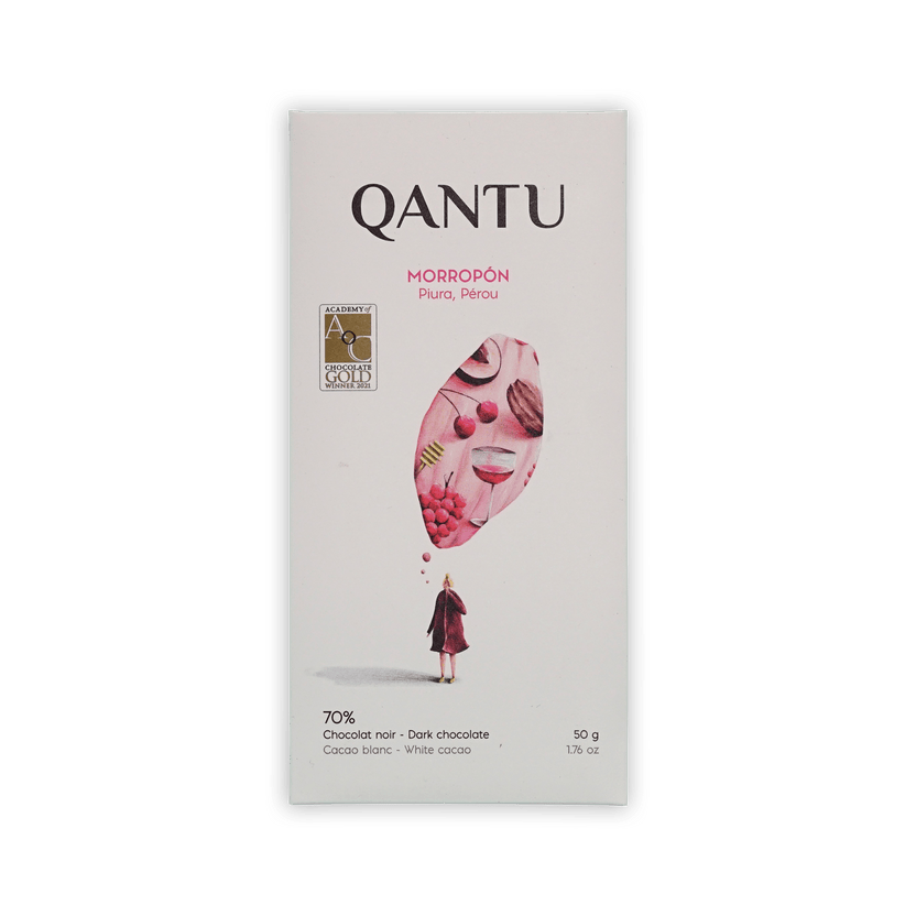Qantu Morropon bar, cream box with cacao-pod illustration of cherries and wine glass, marked 70% dark chocolate.