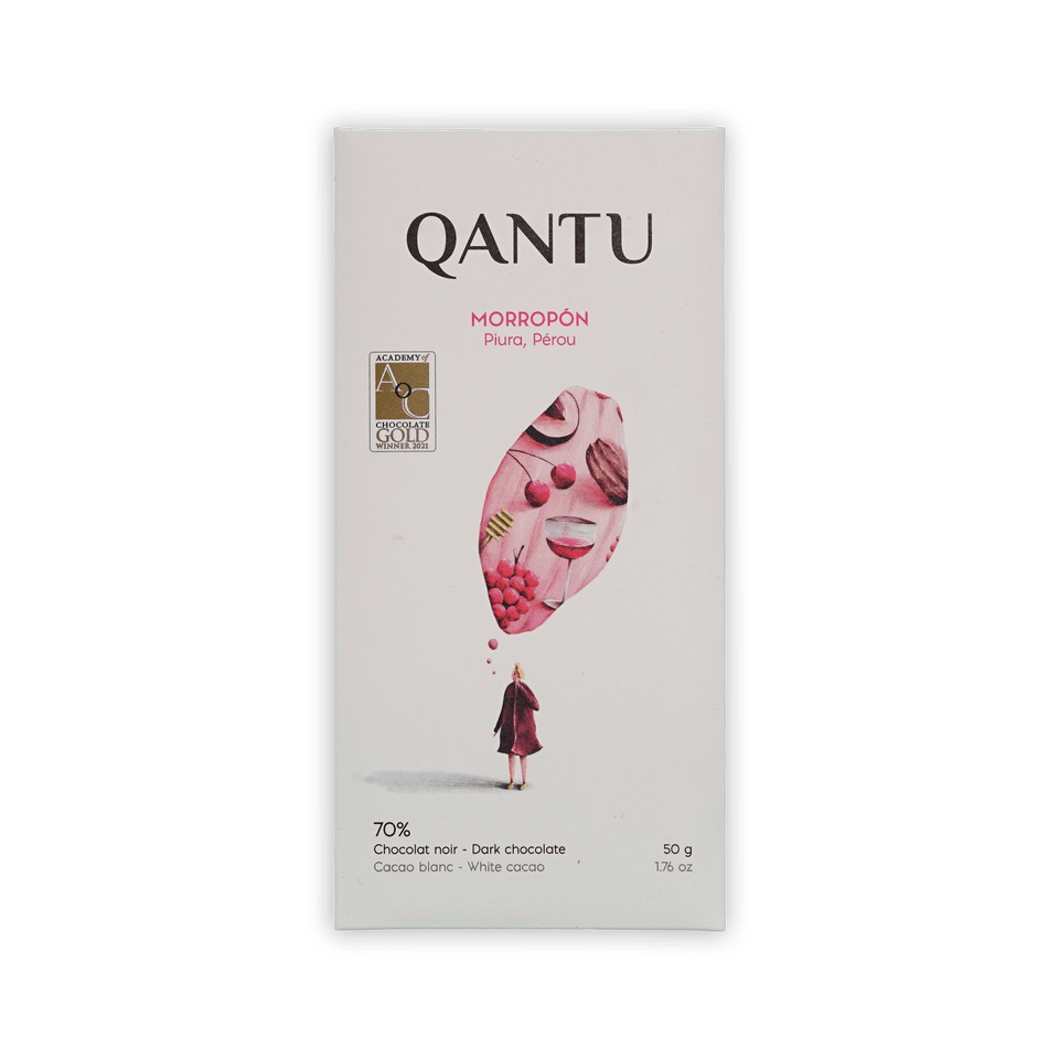 Qantu Morropon bar, cream box with cacao-pod illustration of cherries and wine glass, marked 70% dark chocolate.