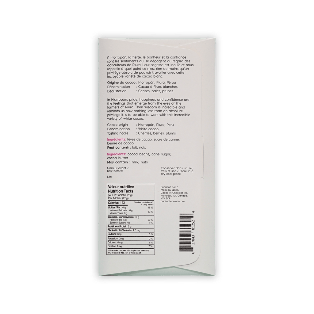 Back of Qantu Morropon box, cream with tasting notes cherries, berries, plums, nutrition facts and barcode.