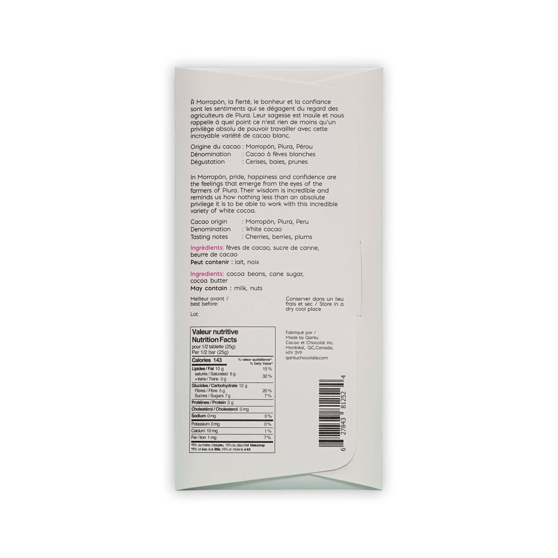 Back of Qantu Morropon box, cream with tasting notes cherries, berries, plums, nutrition facts and barcode.