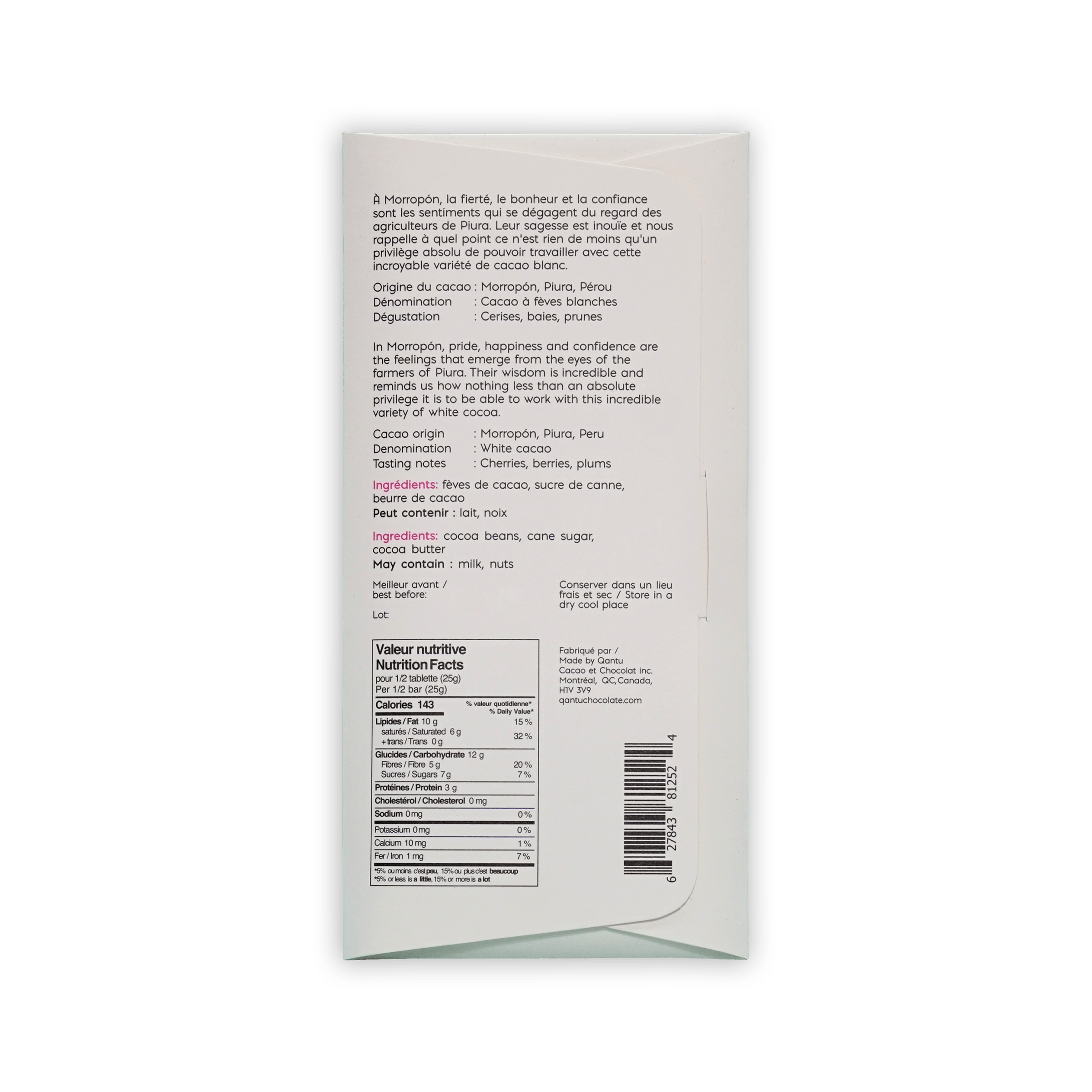 Back of Qantu Morropon box, cream with tasting notes cherries, berries, plums, nutrition facts and barcode.