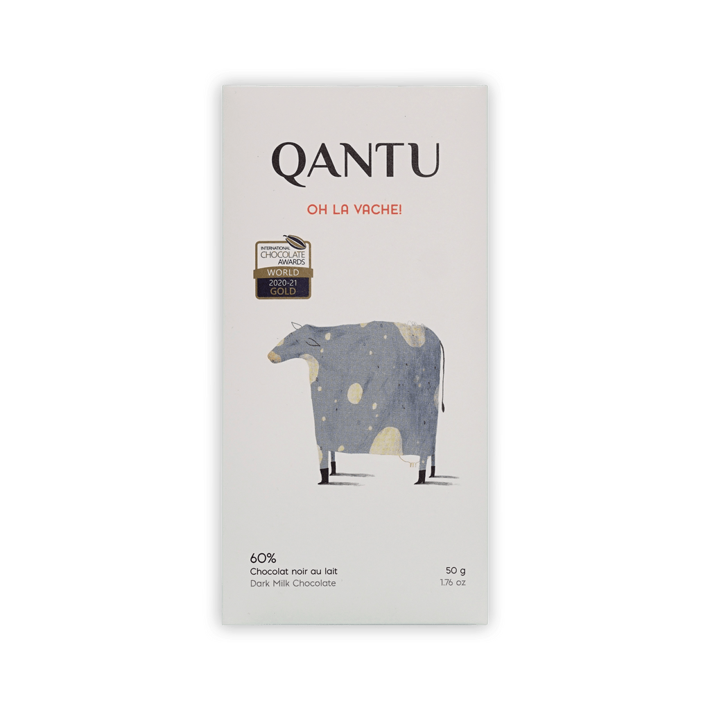 Qantu Oh La Vache! 60% dark milk chocolate bar, cream box with a spotted cow illustration, 50g