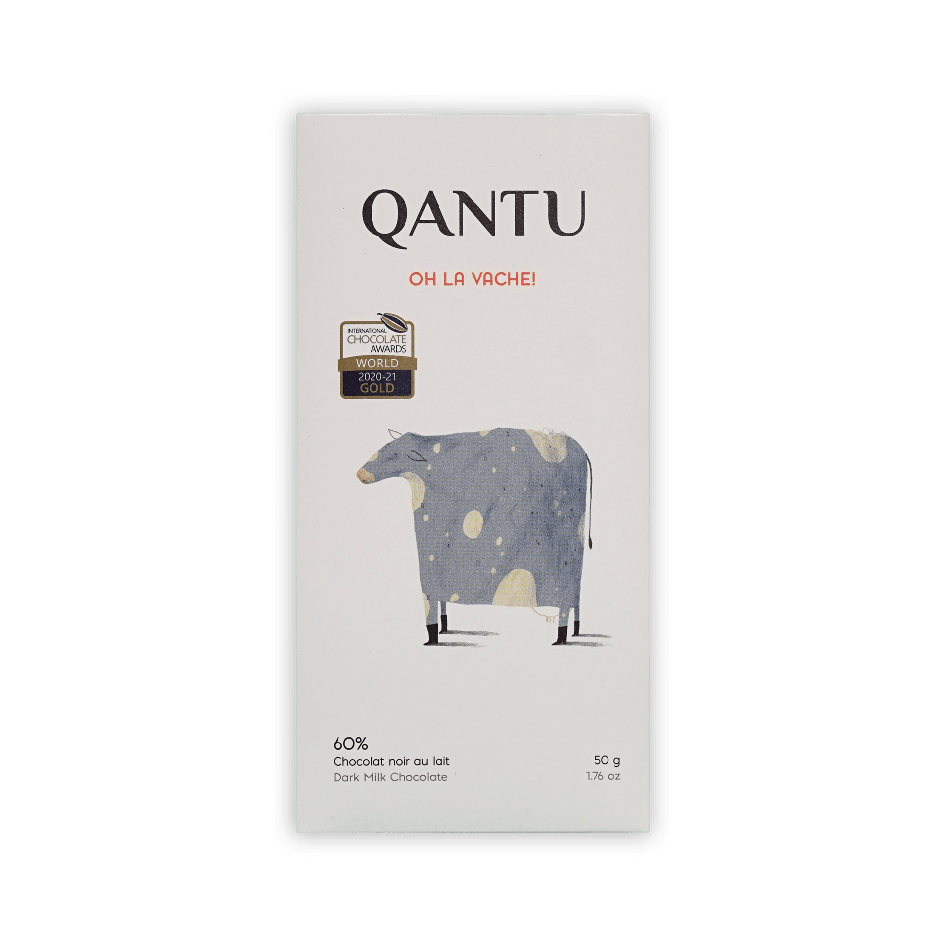 Qantu Oh La Vache! 60% dark milk chocolate bar, cream box with a spotted cow illustration, 50g