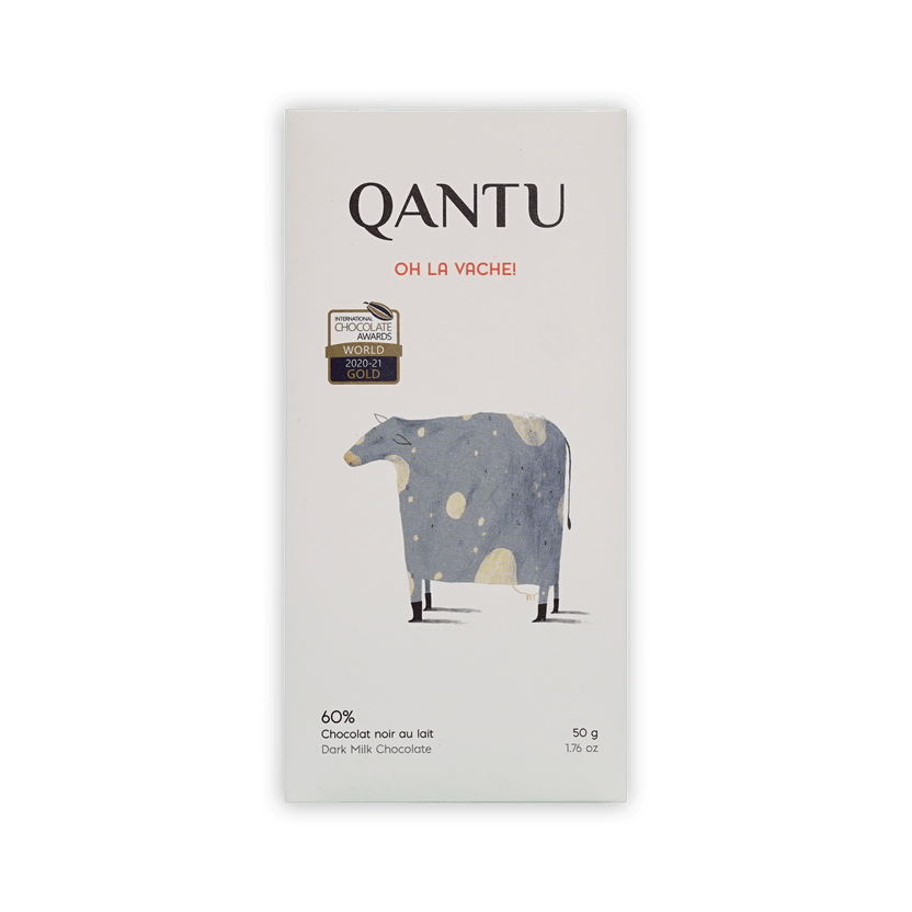 Qantu Oh La Vache! 60% dark milk chocolate bar, cream box with a spotted cow illustration, 50g