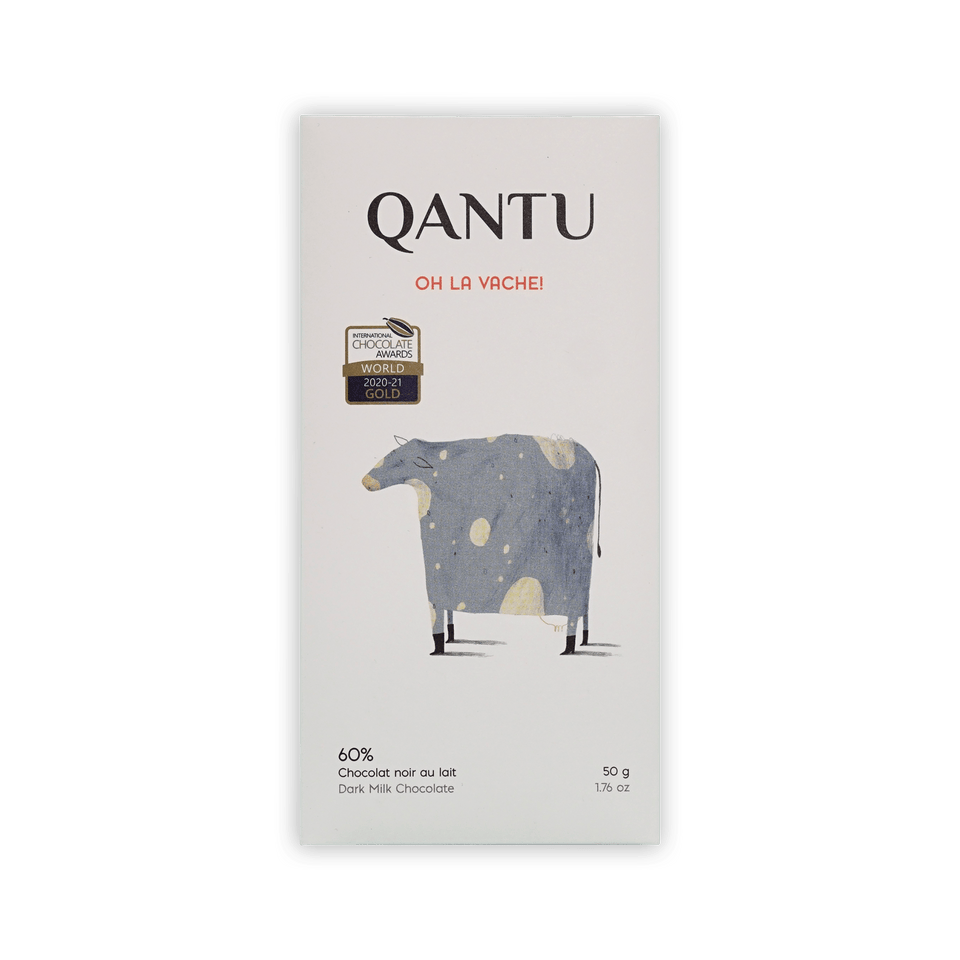 Qantu Oh La Vache! 60% dark milk chocolate bar, cream box with a spotted cow illustration, 50g