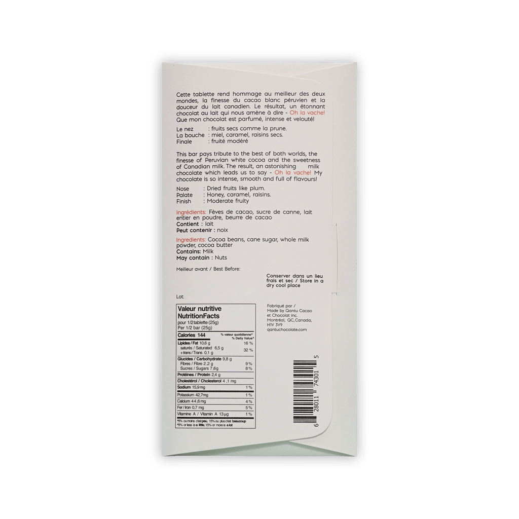 Back of Qantu Oh La Vache! box, French and English text, ingredients and nutrition facts