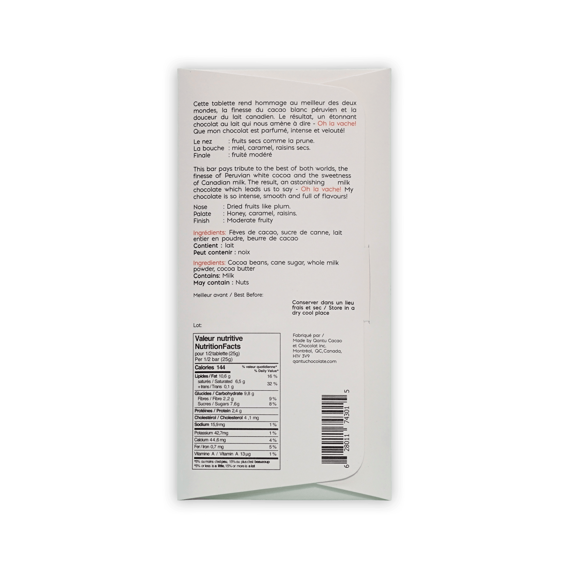 Back of Qantu Oh La Vache! box, French and English text, ingredients and nutrition facts