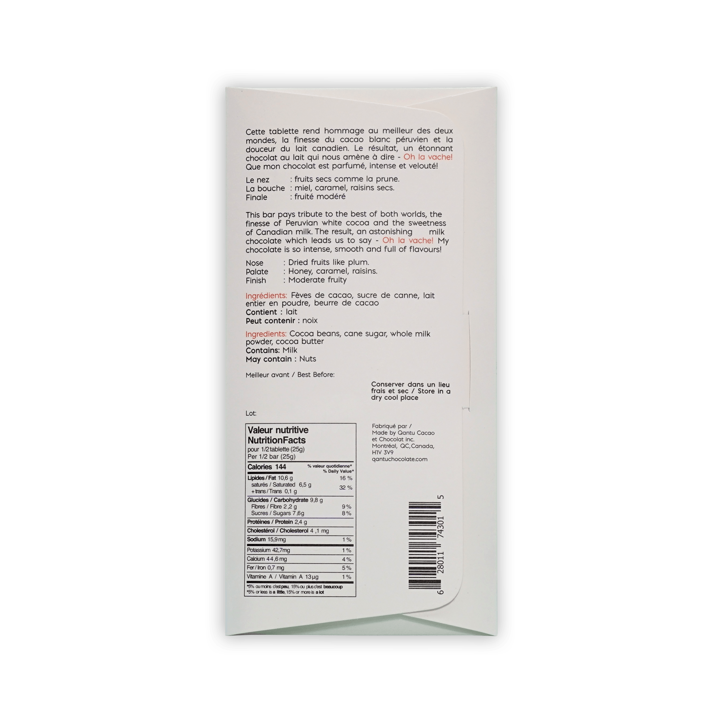 Back of Qantu Oh La Vache! box, French and English text, ingredients and nutrition facts