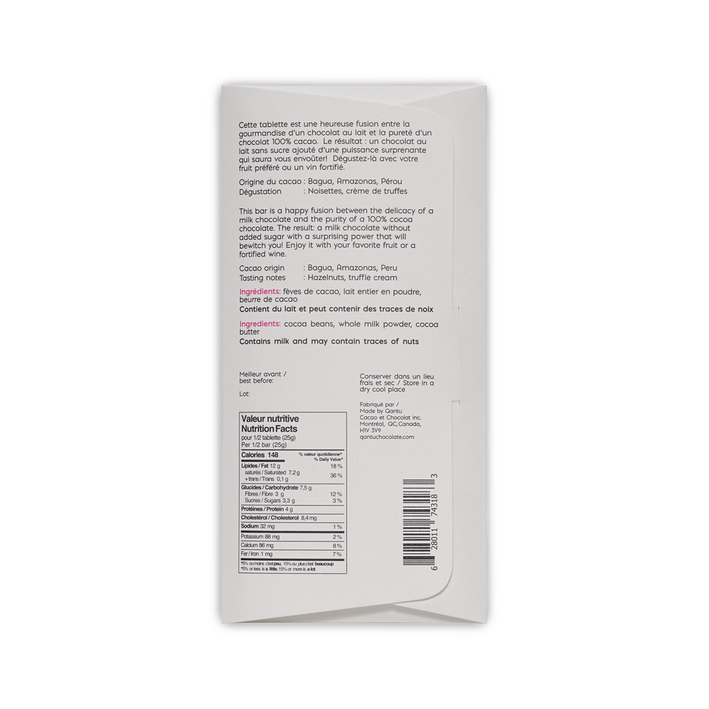Back of the white Qantu Oh Surprise! box, French and English text, cacao origin Bagua Amazonas Peru, nutrition facts, barcode.