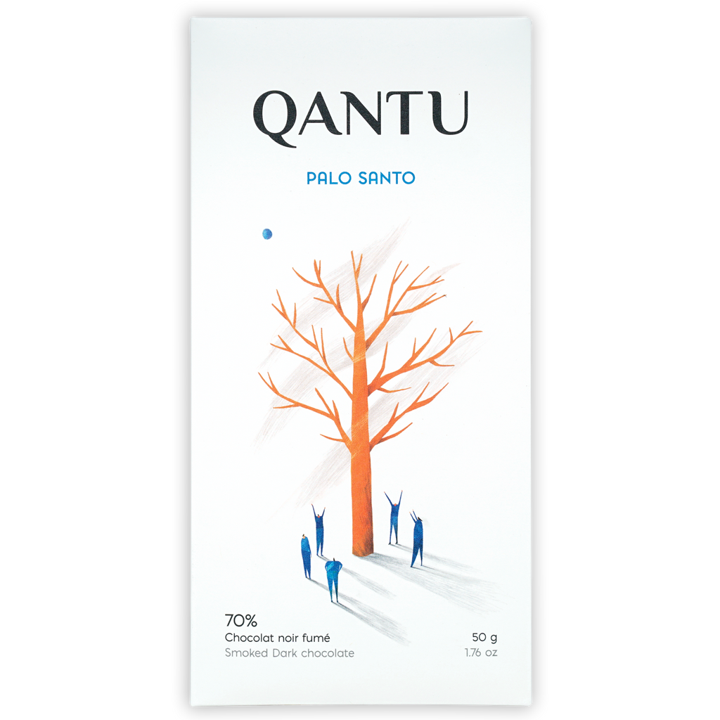 Qantu Palo Santo 70% smoked dark chocolate bar in white wrapper