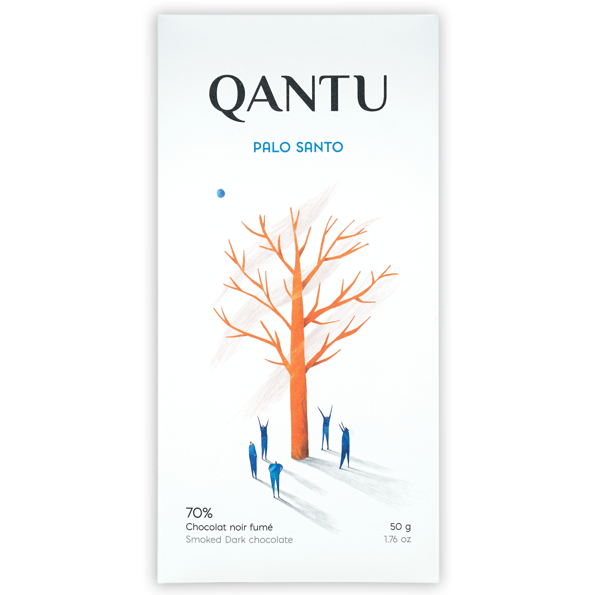 Qantu Palo Santo 70% smoked dark chocolate bar in white wrapper
