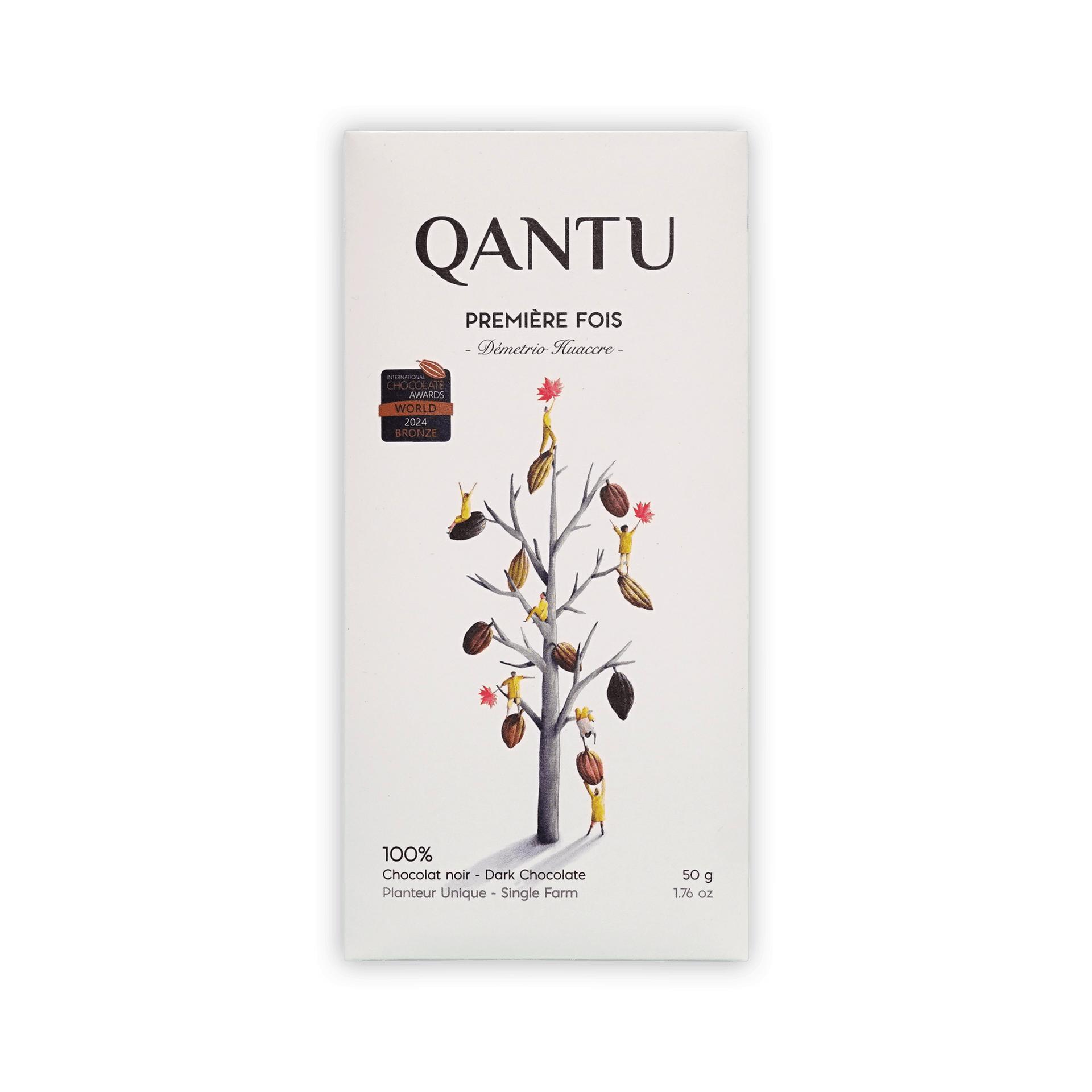 Qantu Premiere Fois 100% dark chocolate bar, cream box with an illustrated bare tree hung with cacao pods, 50g.