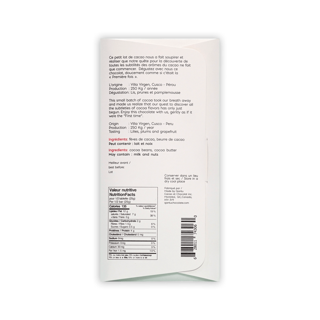 Back of Qantu Premiere Fois box with French and English origin notes for Villa Virgen, Peru, ingredients, and nutrition facts.
