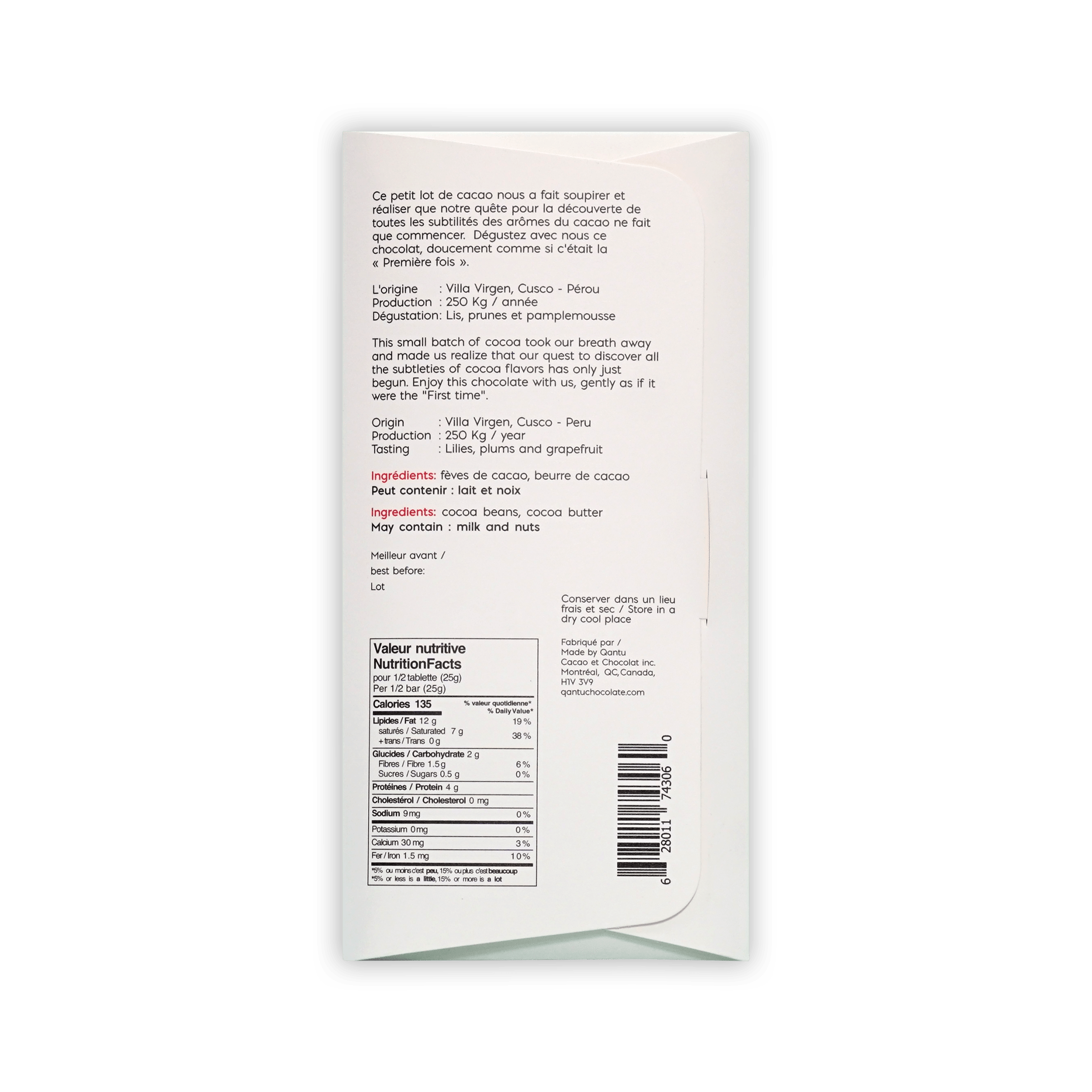 Back of Qantu Premiere Fois box with French and English origin notes for Villa Virgen, Peru, ingredients, and nutrition facts.