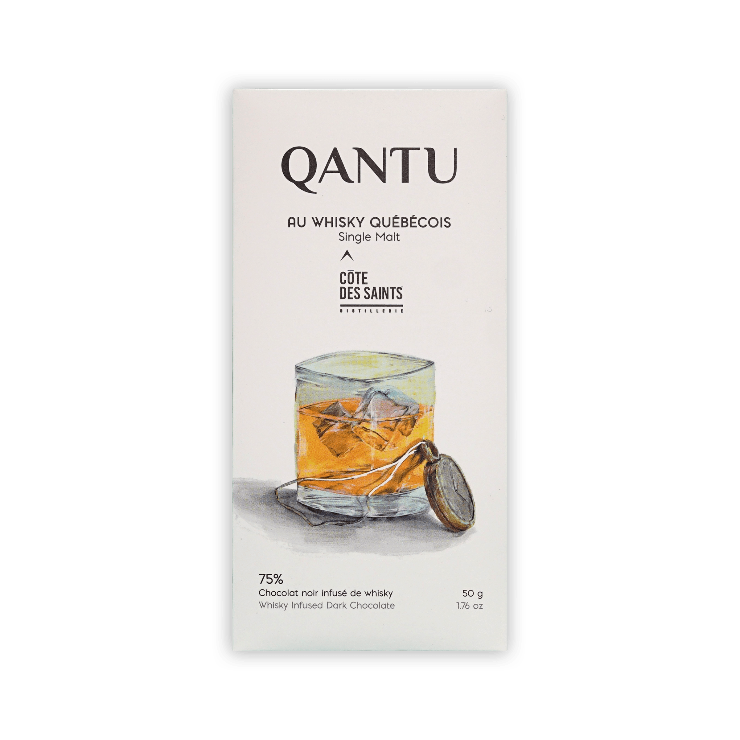 Qantu bar, cream box with painted whisky glass, reading Au Whisky Quebecois, Cote des Saints, 75% dark chocolate.