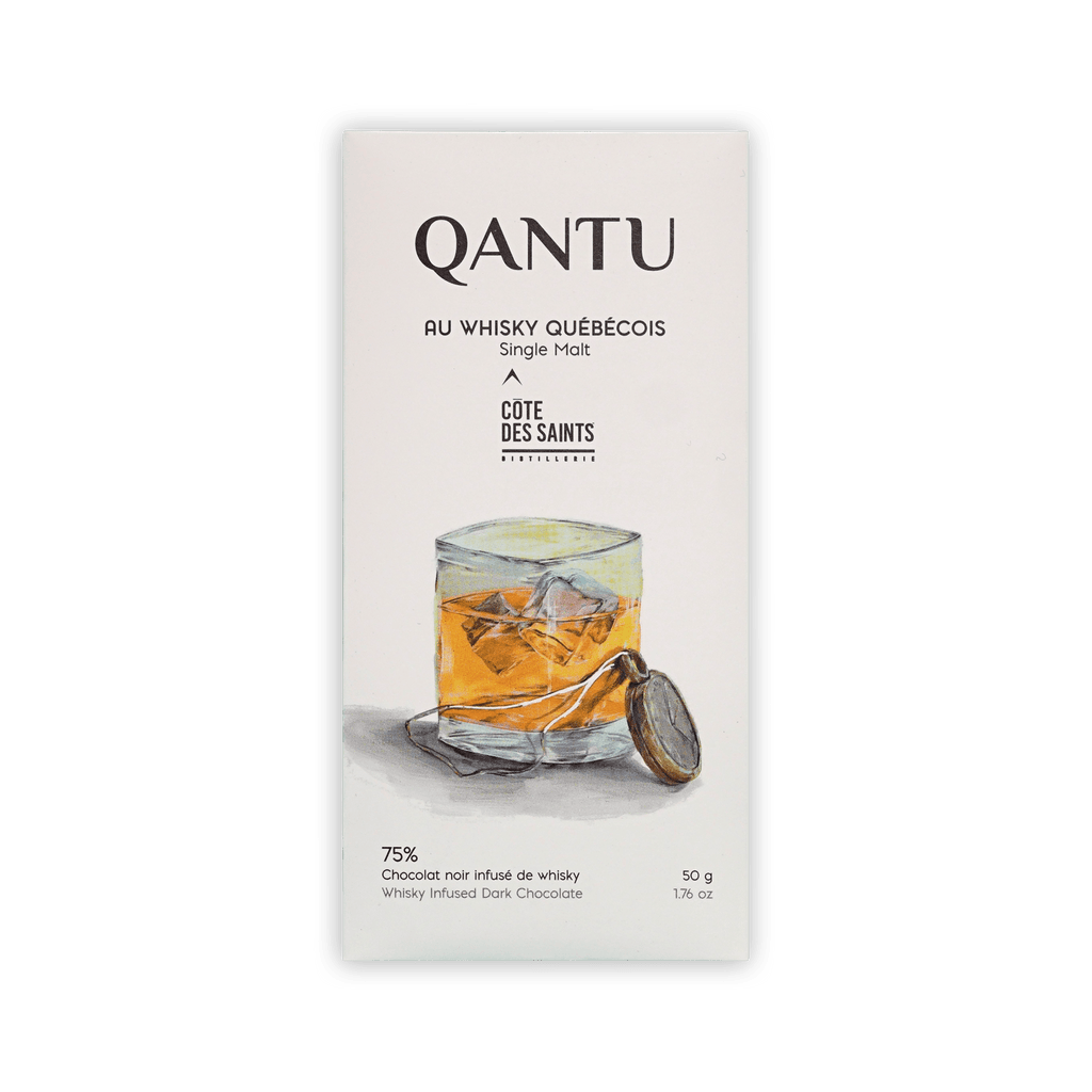 Qantu bar, cream box with painted whisky glass, reading Au Whisky Quebecois, Cote des Saints, 75% dark chocolate.