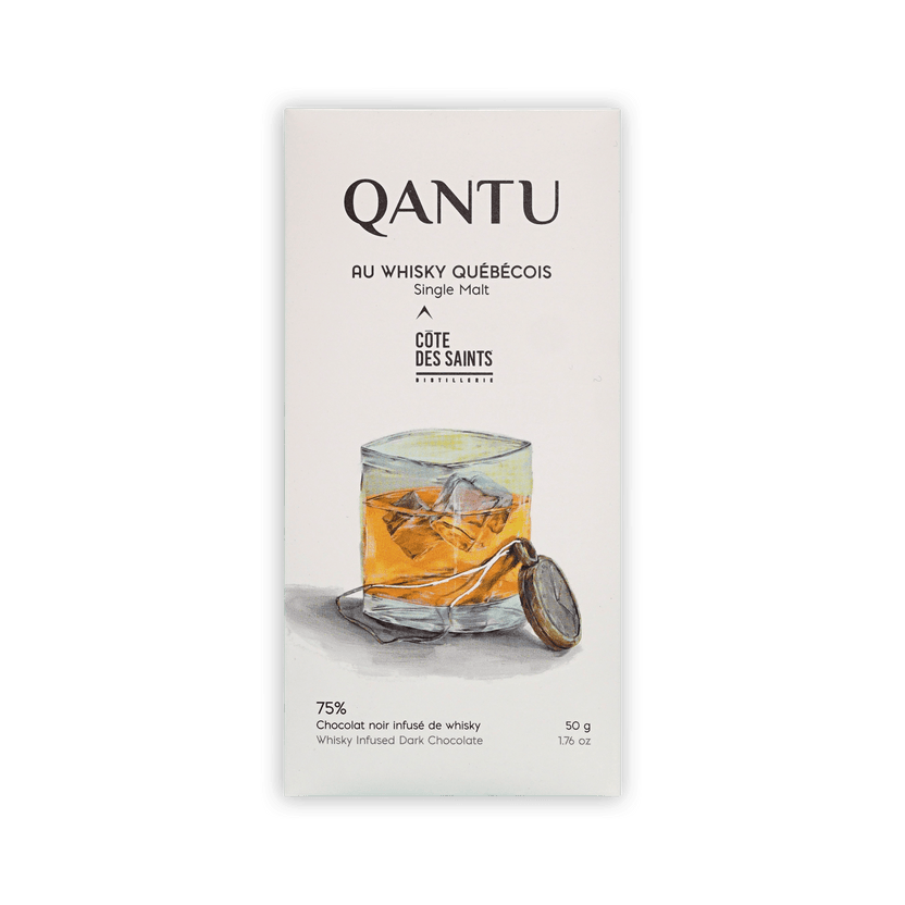 Qantu bar, cream box with painted whisky glass, reading Au Whisky Quebecois, Cote des Saints, 75% dark chocolate.
