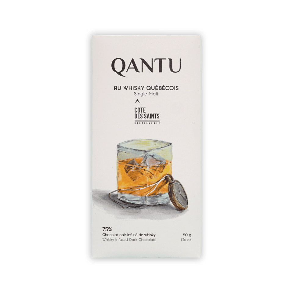 Qantu bar, cream box with painted whisky glass, reading Au Whisky Quebecois, Cote des Saints, 75% dark chocolate.