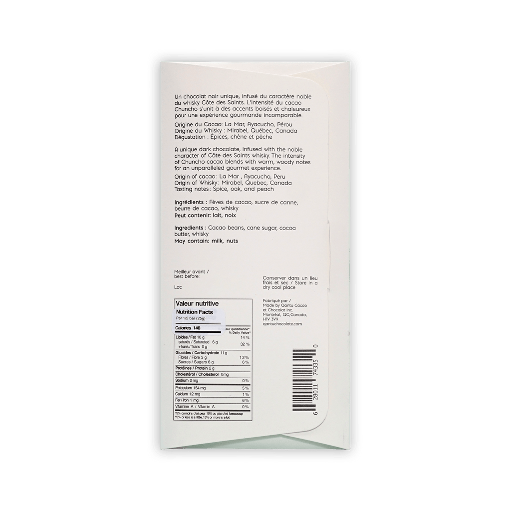 Back of Qantu whisky box, cream with description, cacao origin Peru, whisky origin Quebec, nutrition facts and barcode.