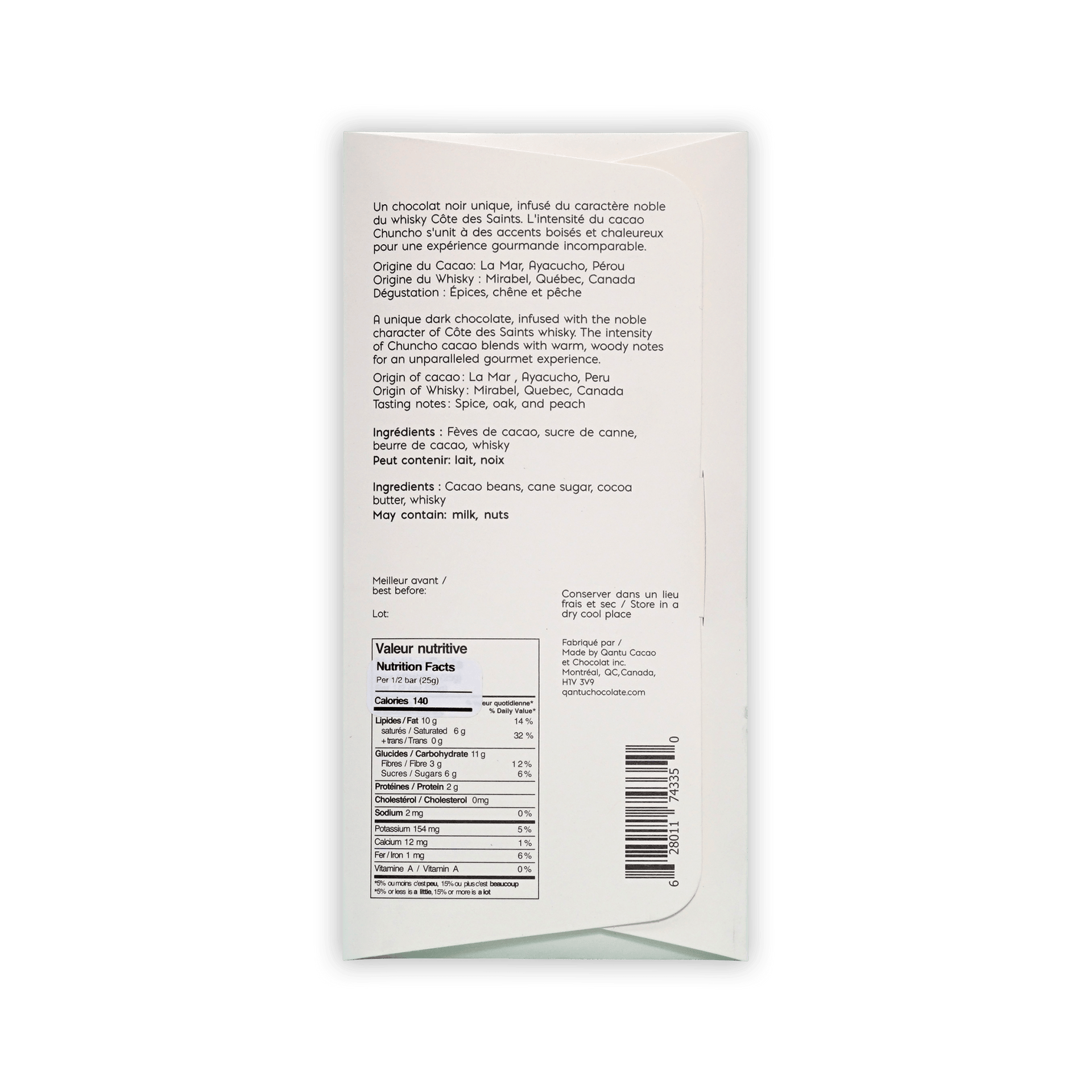 Back of Qantu whisky box, cream with description, cacao origin Peru, whisky origin Quebec, nutrition facts and barcode.