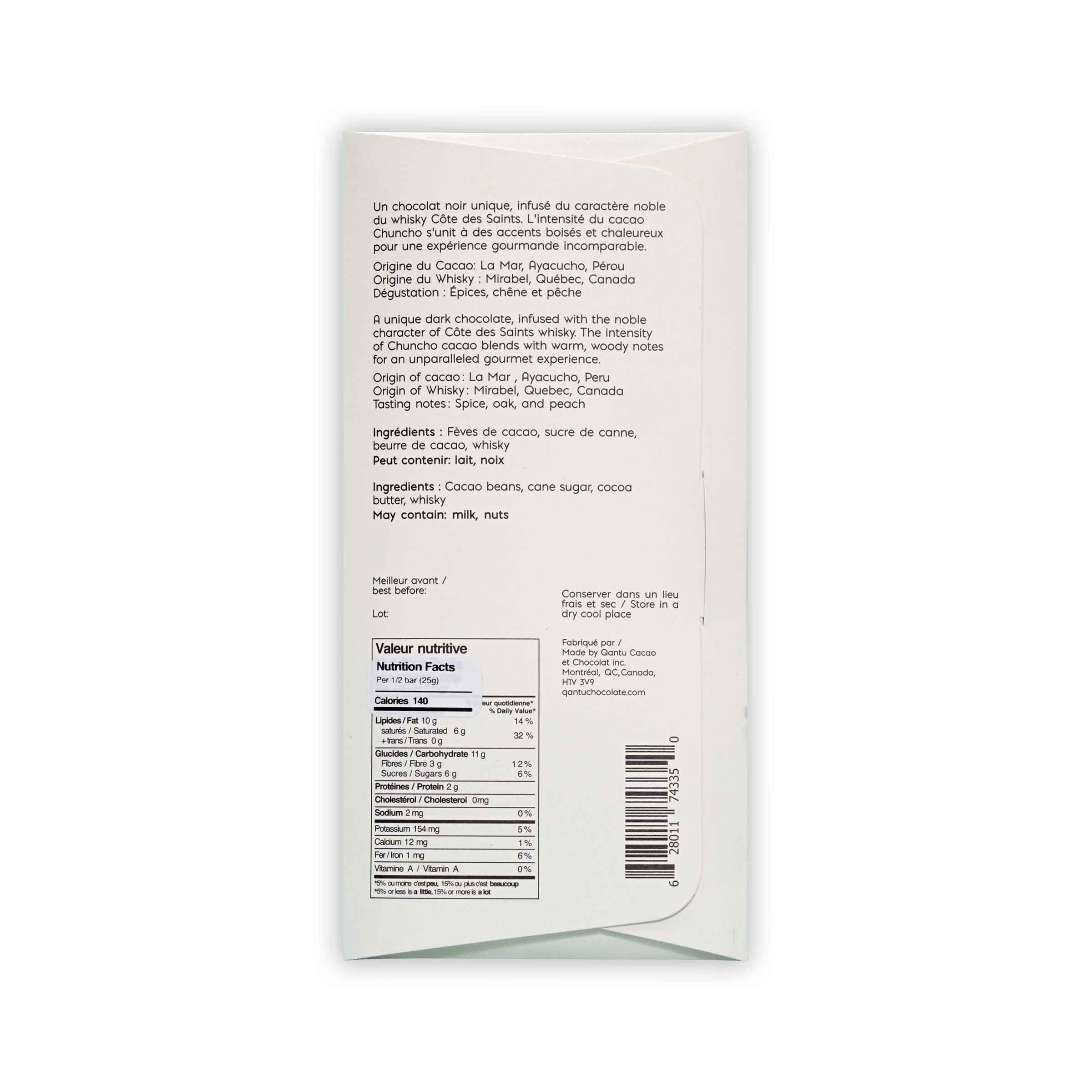 Back of Qantu whisky box, cream with description, cacao origin Peru, whisky origin Quebec, nutrition facts and barcode.
