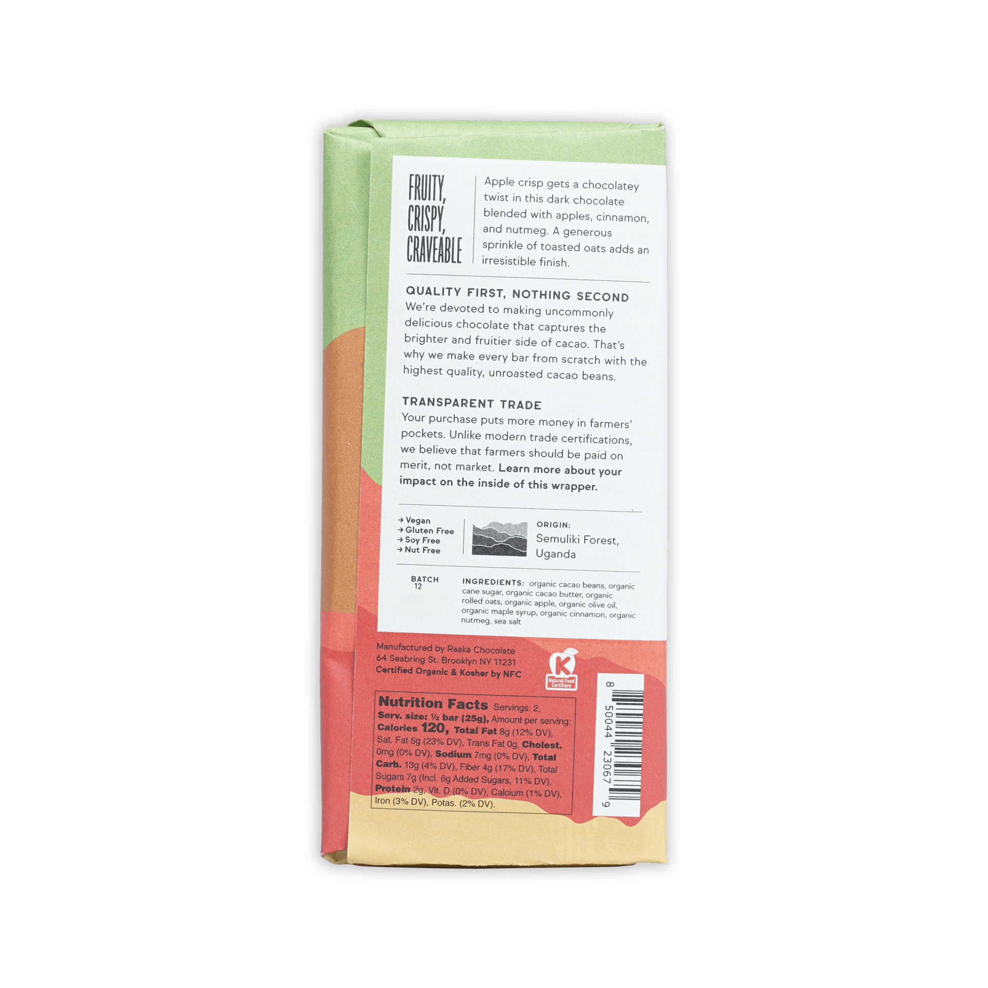 Raaka Apple Crisp 60% Chocolate Bar back wrapper with ingredients