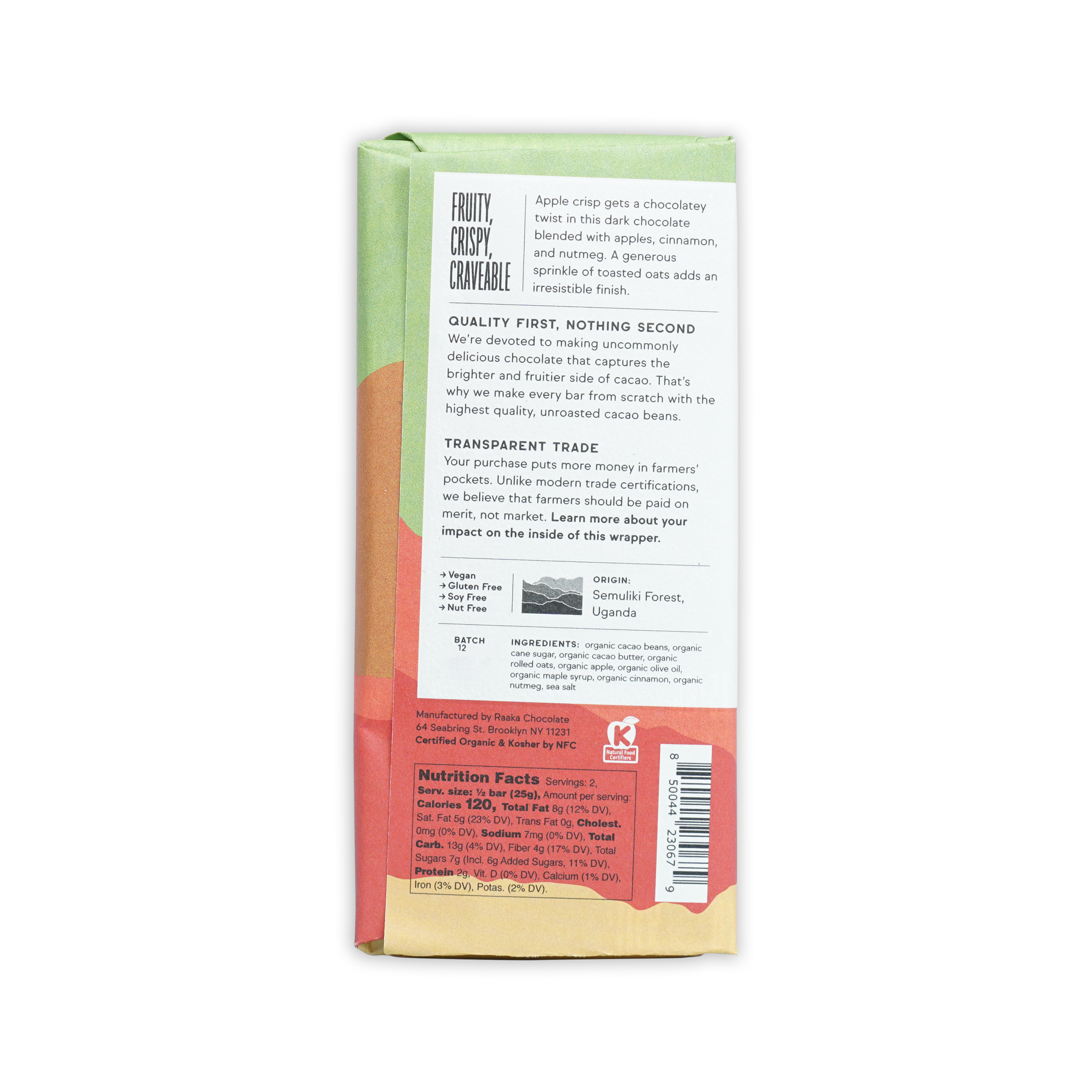 Raaka Apple Crisp 60% Chocolate Bar back wrapper with ingredients