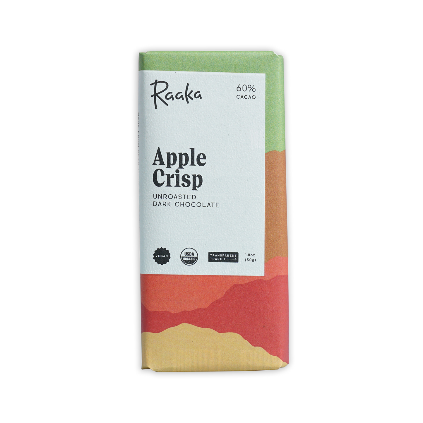 Raaka Apple Crisp unroasted dark chocolate bar in gradient package