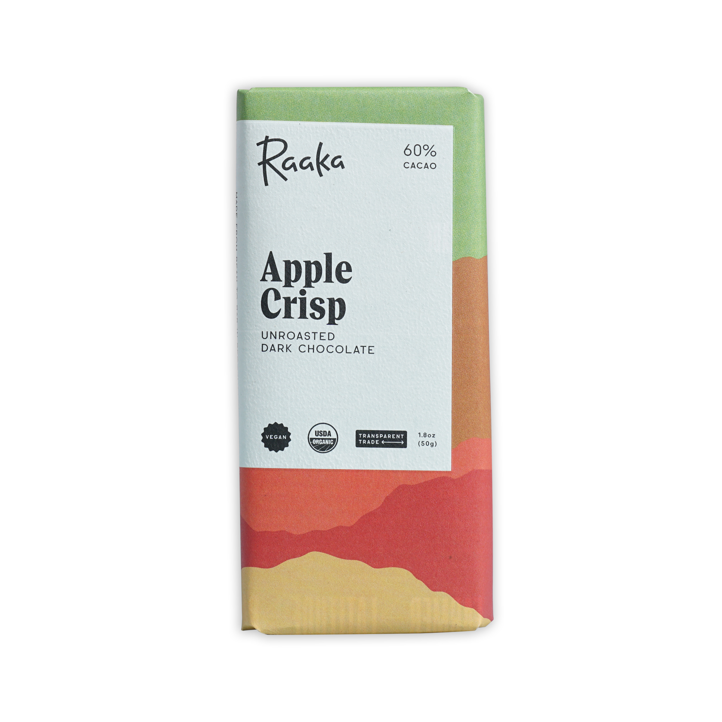 Raaka Apple Crisp unroasted dark chocolate bar in gradient package