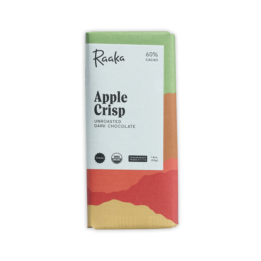 Raaka Apple Crisp unroasted dark chocolate bar in gradient package