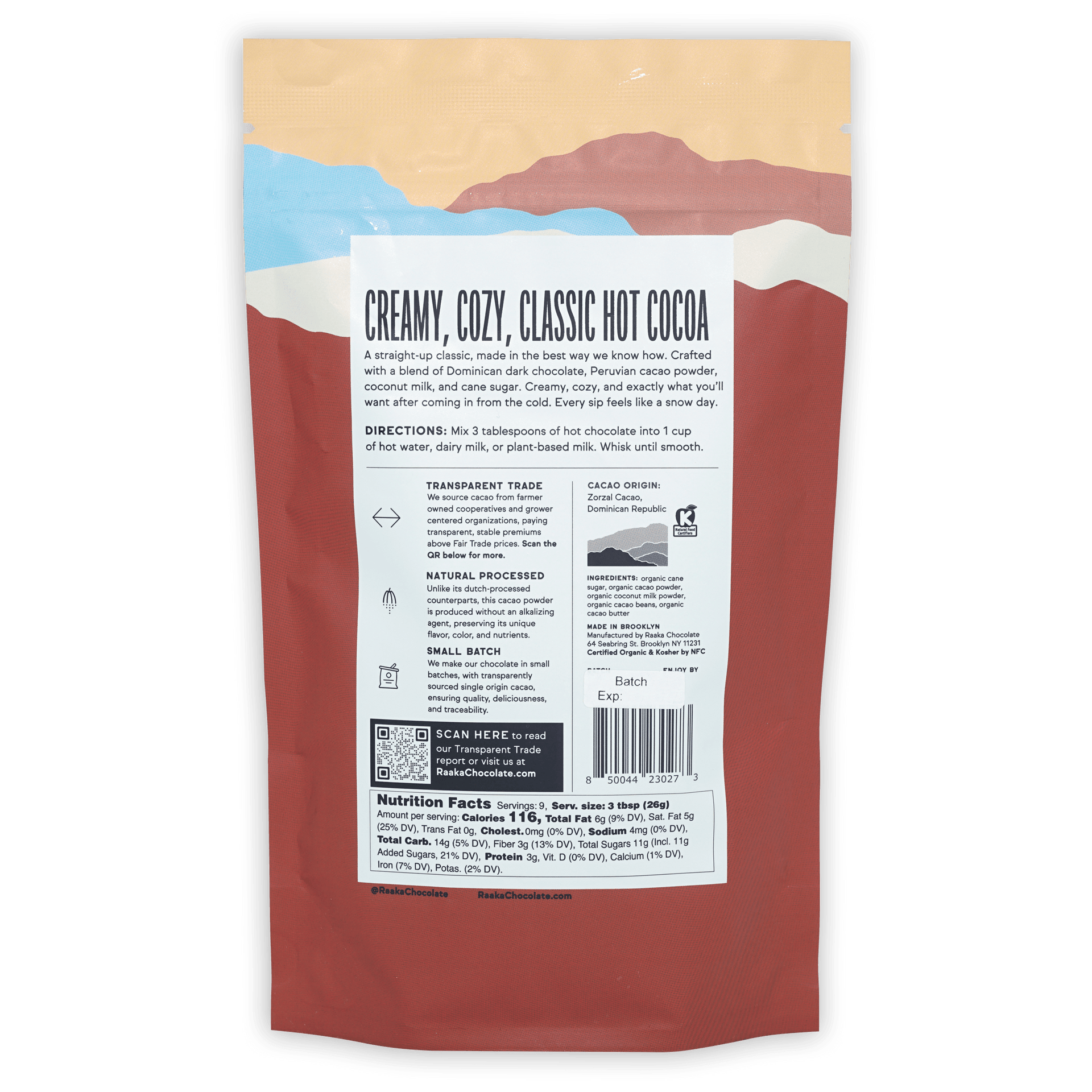 Raaka Classic Hot Chocolate matte earth-toned pouch with mountain design